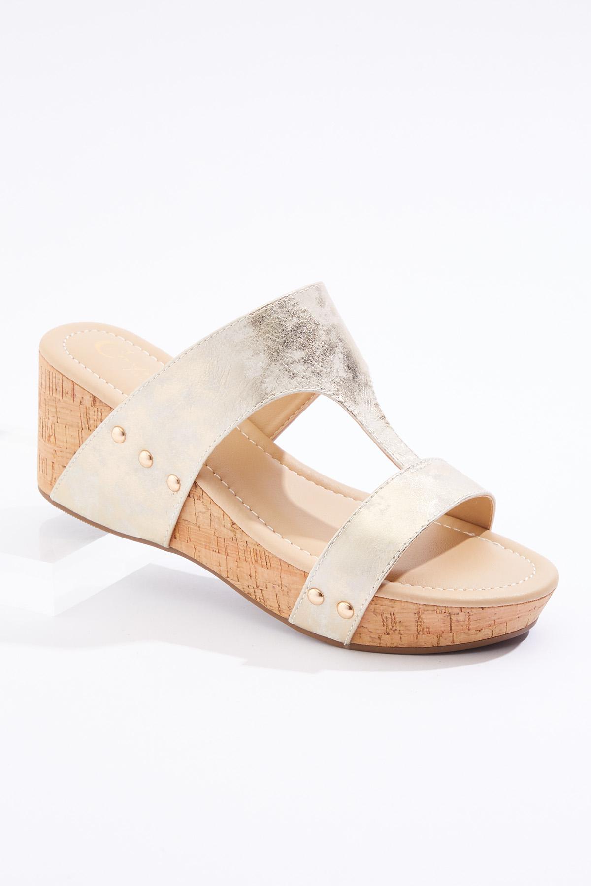  Cato Fashions | Cato Wide Width Metallic Strap Cork Wedges