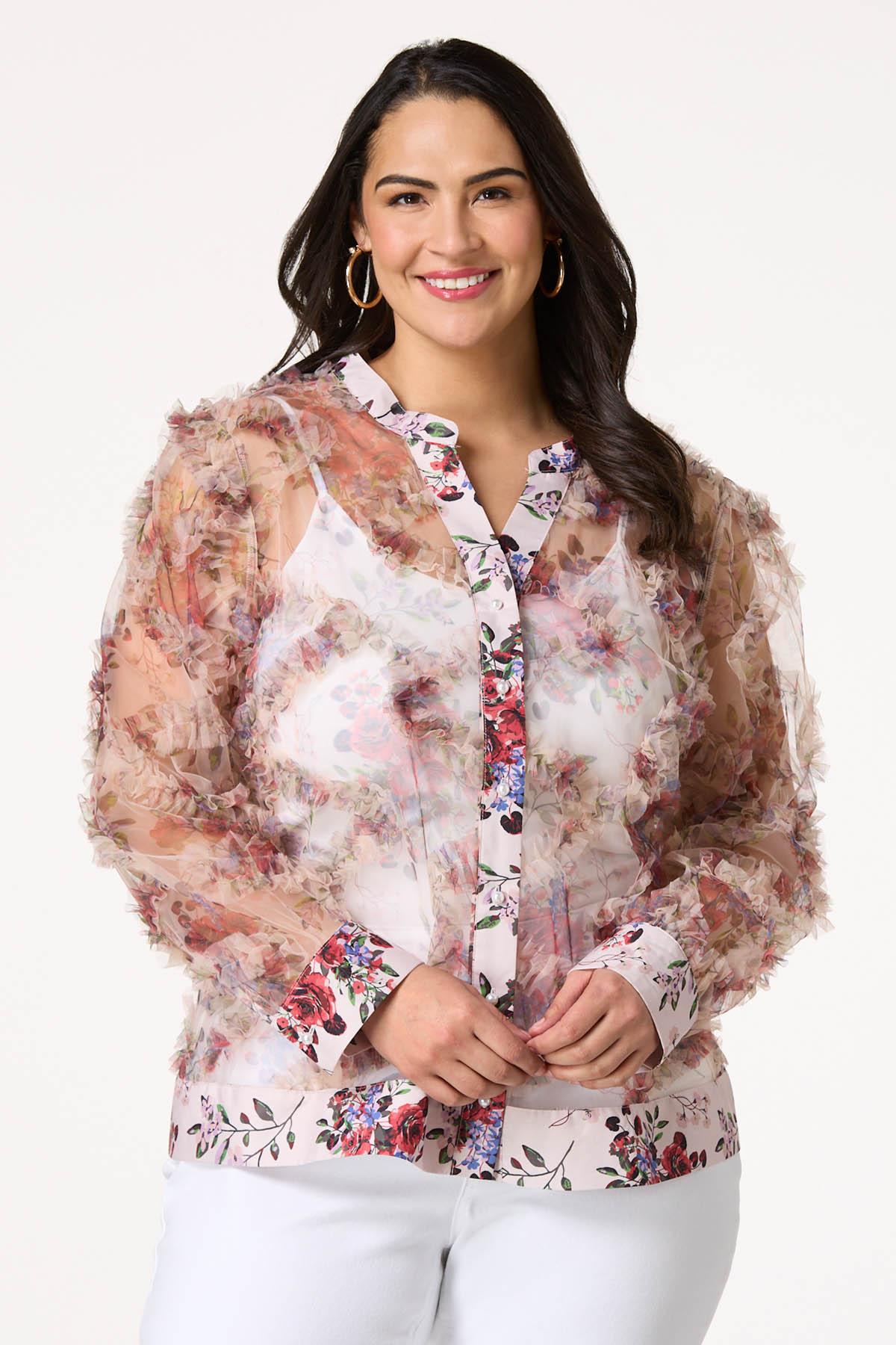 Cato Fashions | Cato Plus Size Floral Ruffled Mesh Shirt