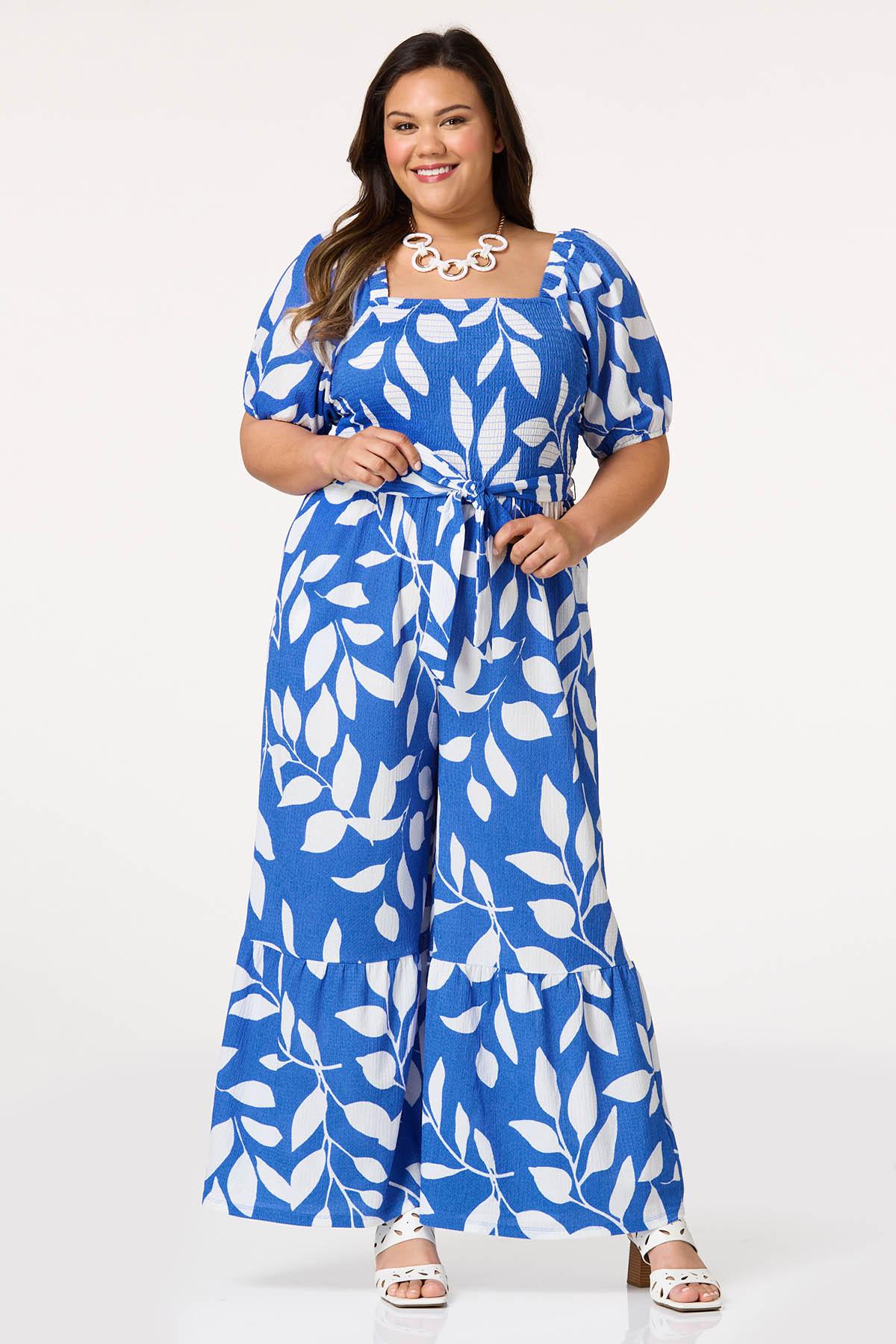 Cato Fashions | Cato Plus Size Textured Smocked Leaf Print Jumpsuit