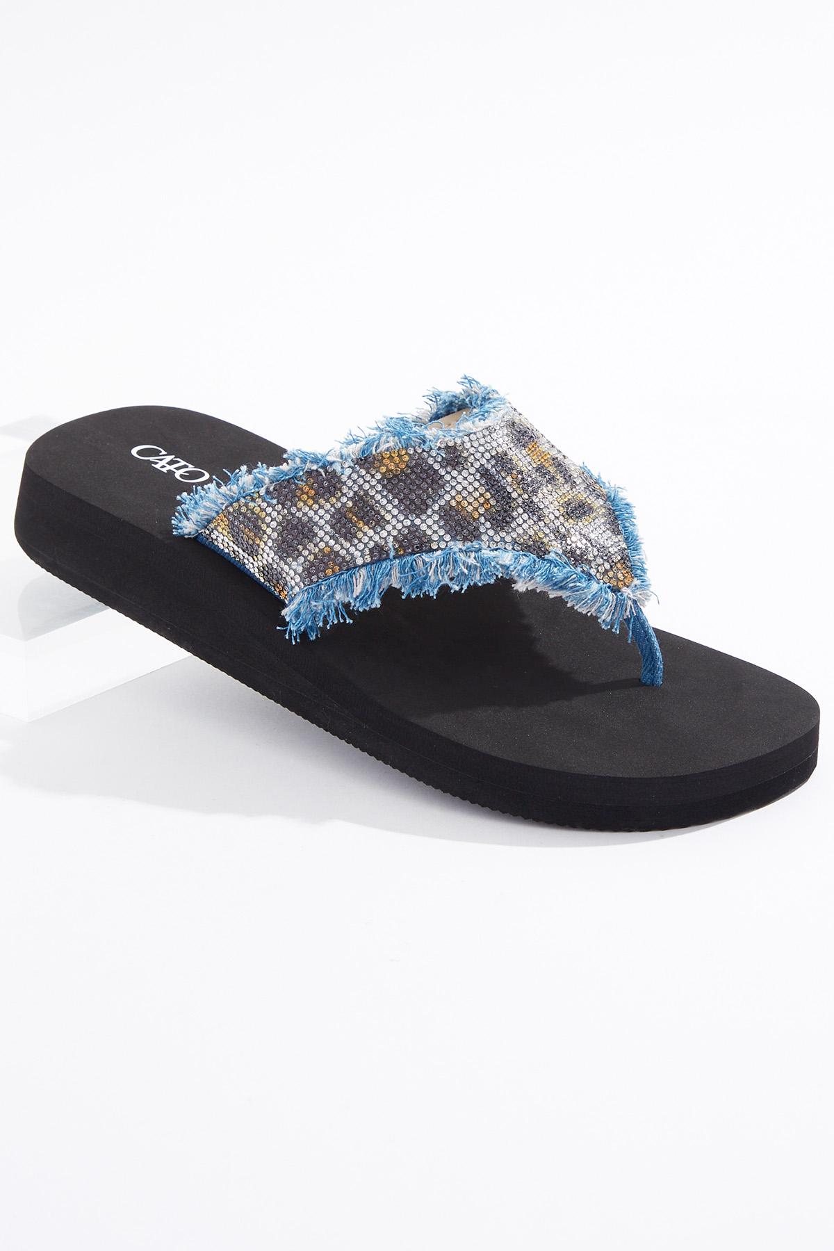  Cato Fashions | Cato Leopard Stone Fray Denim Flip Flops