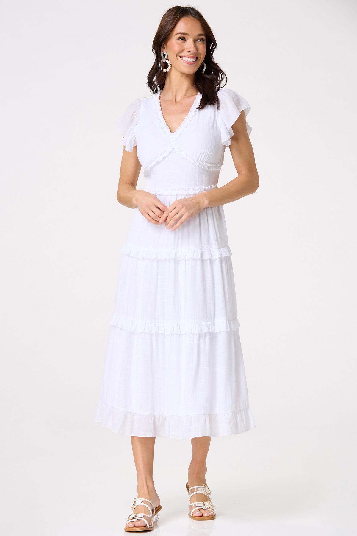  Cato Fashions | Cato White Ruffled Trim Midi Dress