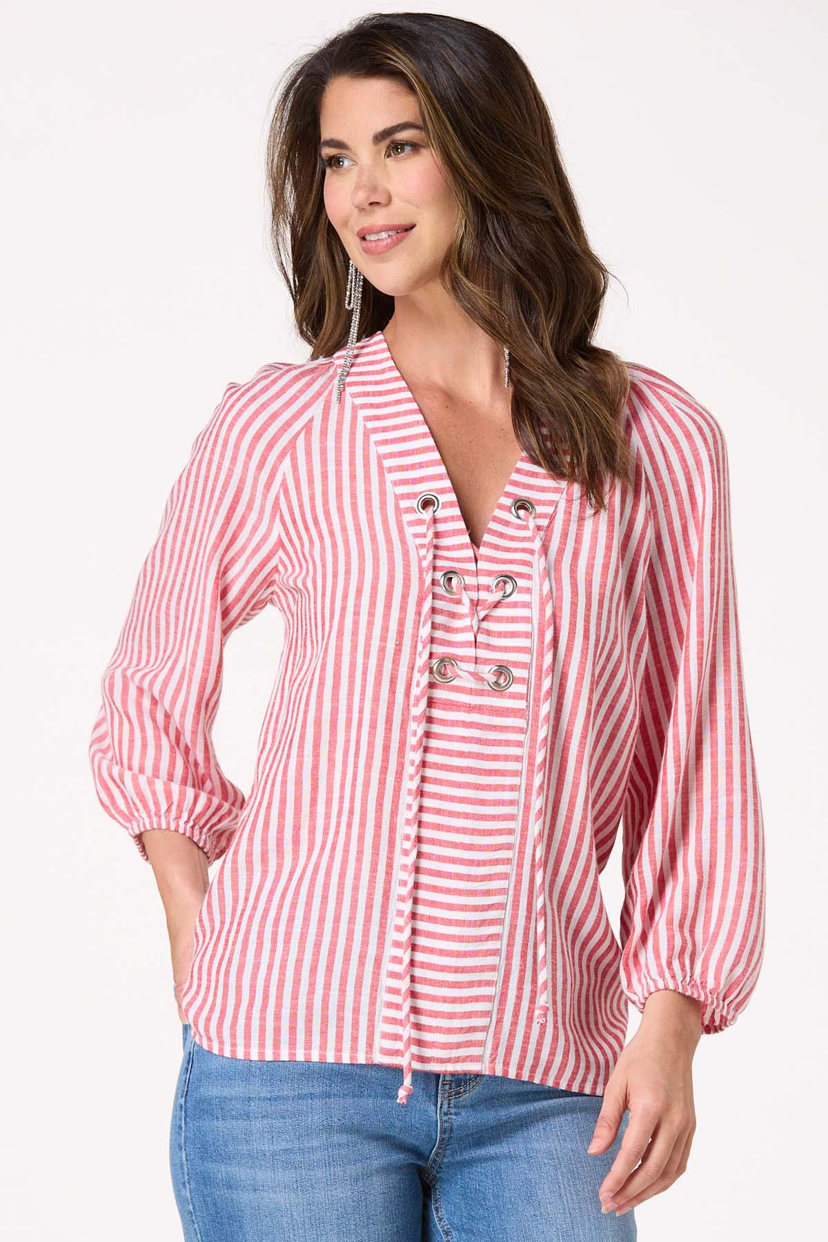 Cato Fashions | Cato Stripe Grommet Lace Up Top Cato Fashions | Cato Stripe Grommet Lace Up Top