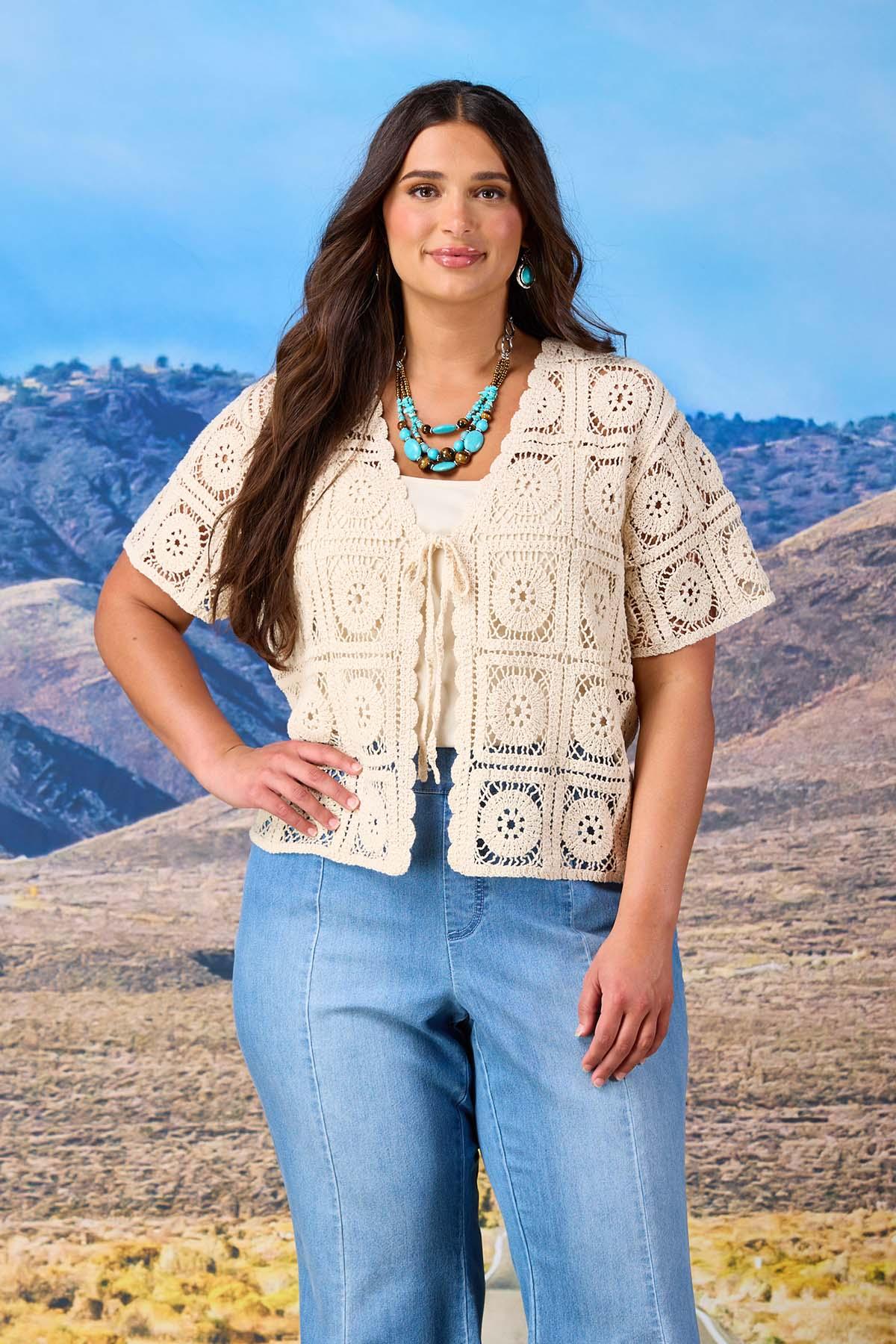  Cato Fashions | Cato Plus Size Crochet Medallion Tie Front Cardigan