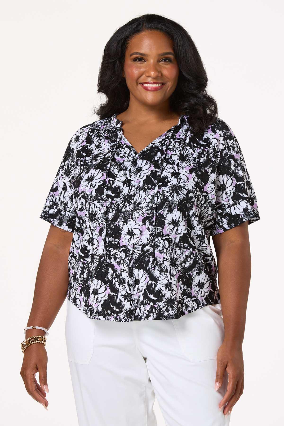 売れ筋商品|||カスパー カットソー トップス レディース Plus Size Floral-Print Ruffle-Sleeve Blouse Black Multi Kasper Plus Multi Floral Print Ruffle Sleeve Blouse at