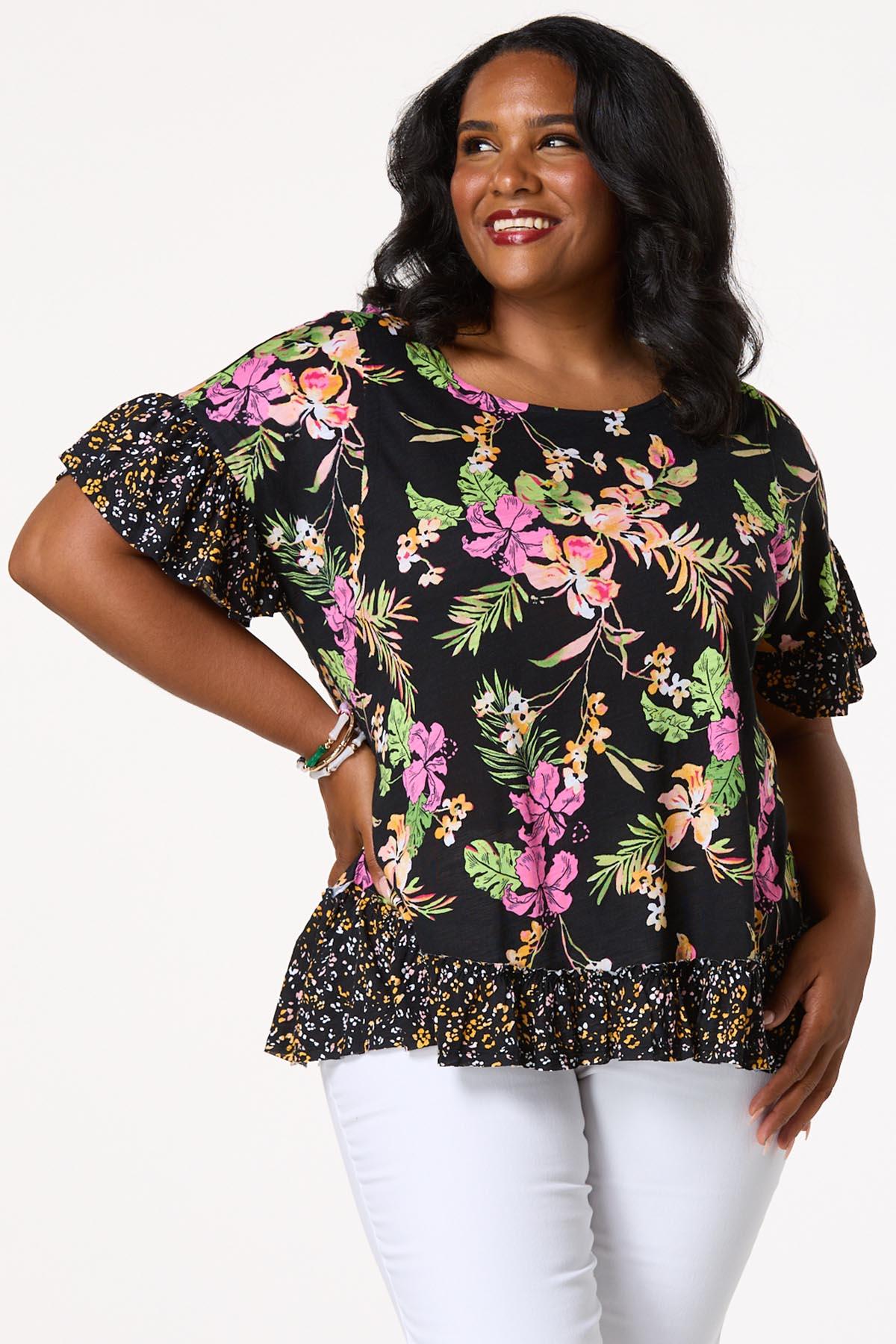 売れ筋商品|||カスパー カットソー トップス レディース Plus Size Floral-Print Ruffle-Sleeve Blouse Black Multi Kasper Plus Multi Floral Print Ruffle Sleeve Blouse at