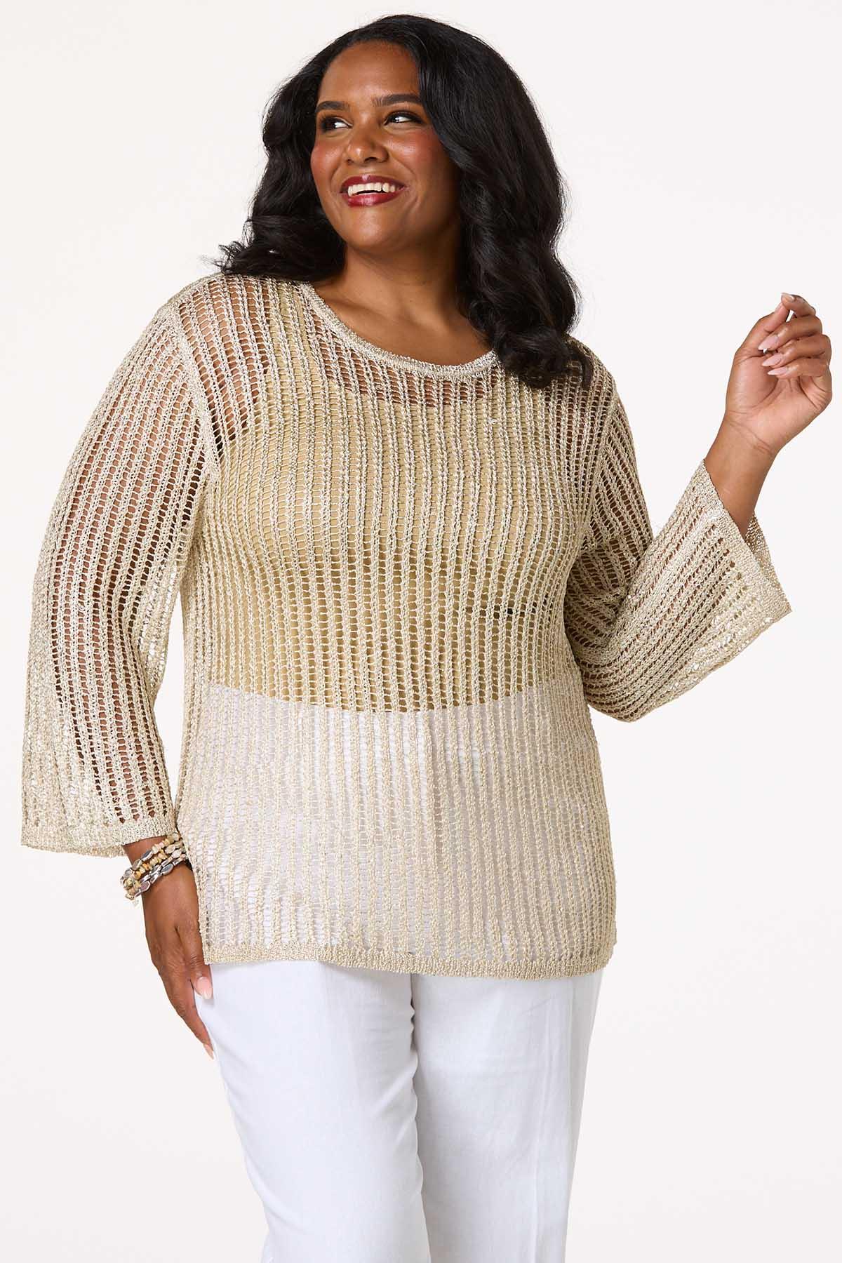  Cato Fashions | Cato Plus Size Open Knit Sequin Yarn Sweater