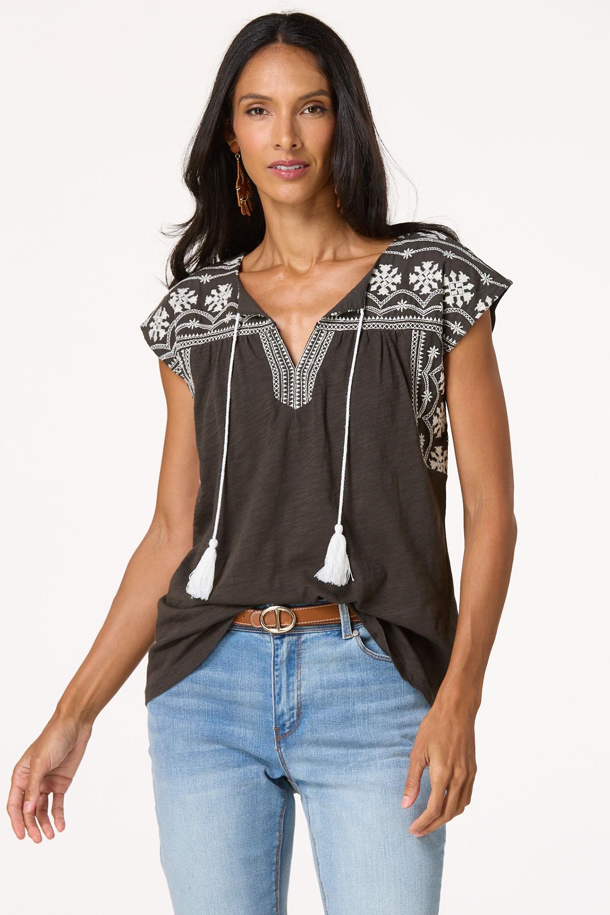  Cato Fashions | Cato Tasseled Embroidered Shoulder Tee