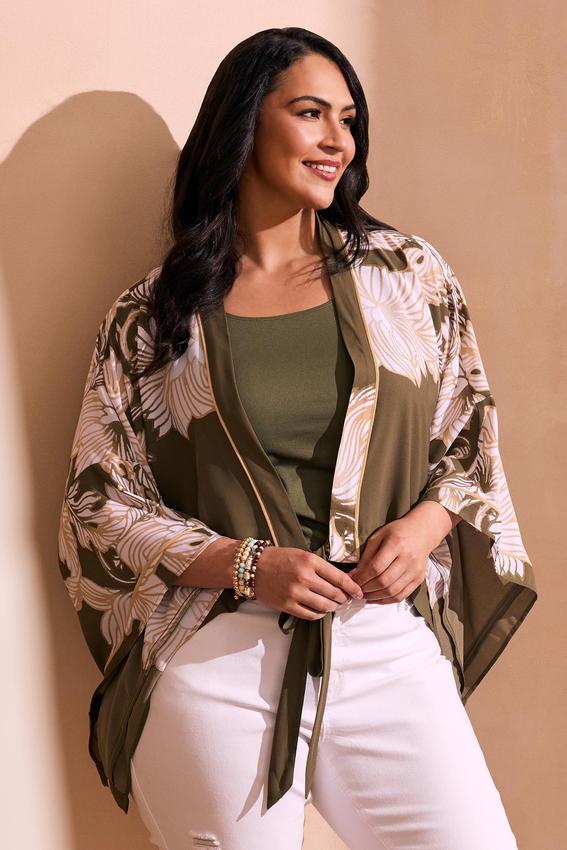 Cato Fashions | Cato Plus Size Green Floral Tie Front Kimono