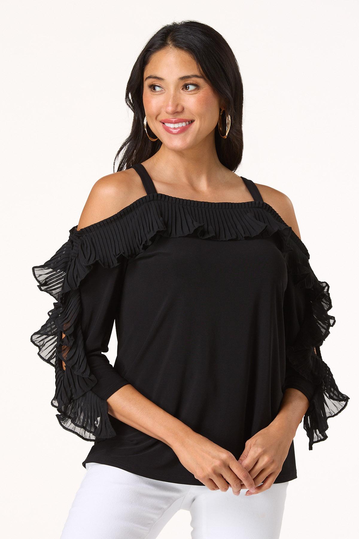 Cato Fashions | Cato Pleated Ruffle Cold Shoulder Top