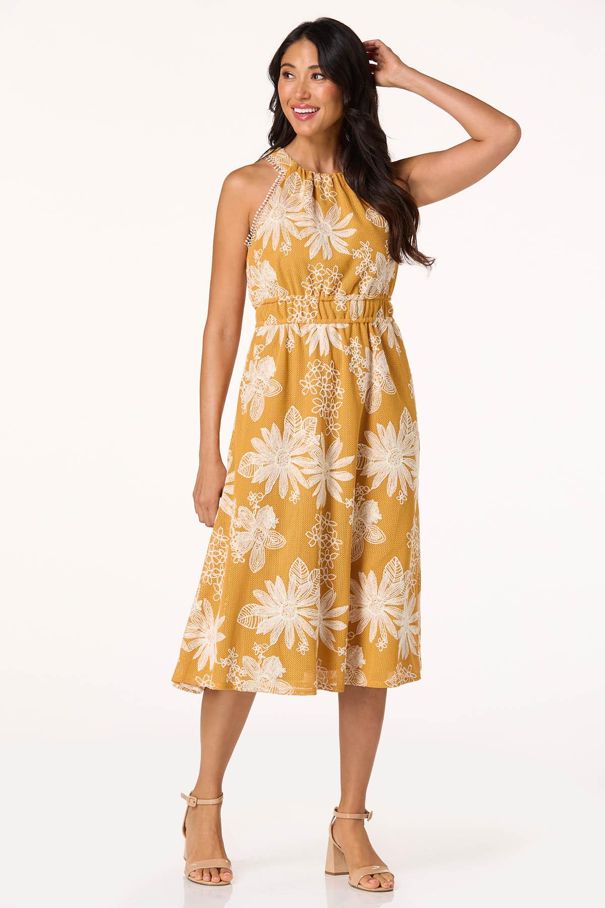 Cato Fashions | Cato Golden Embroidered Mesh Midi Dress