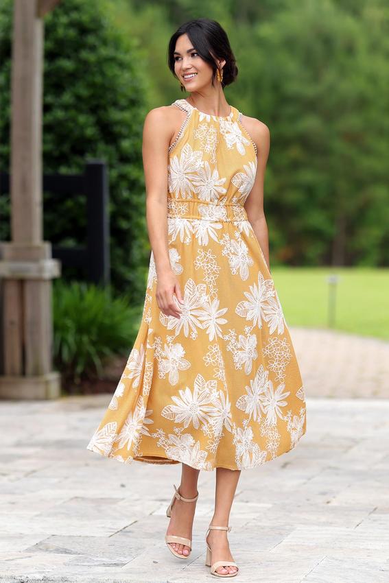 Cato Fashions | Cato Golden Embroidered Mesh Midi Dress