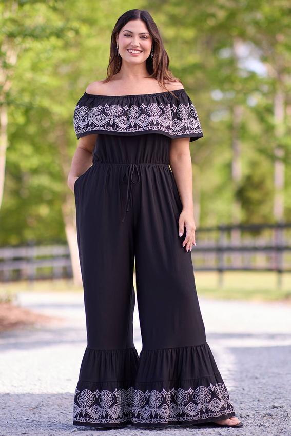  Cato Fashions | Cato Plus Size Flounced Off Shoulder Embroidered Jumpsuit