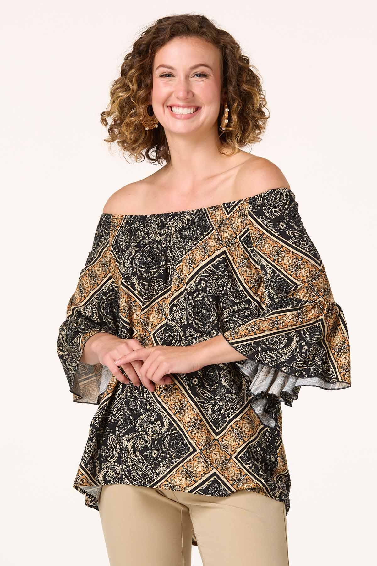  Cato Fashions | Cato Black Brown Patchwork Print Poet Top
