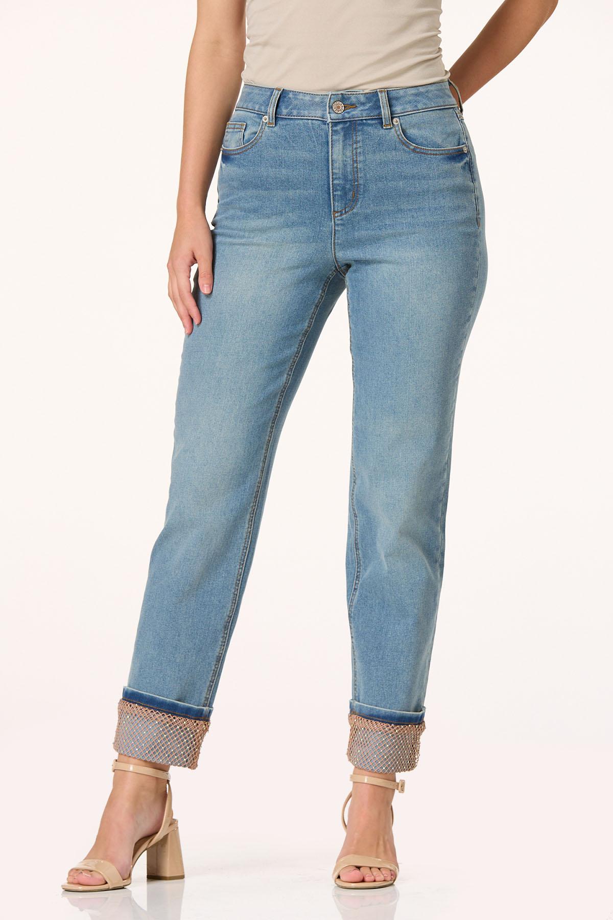 Cato Fashions | Cato Petite Rhinestone Mesh Cuffed Jeans
