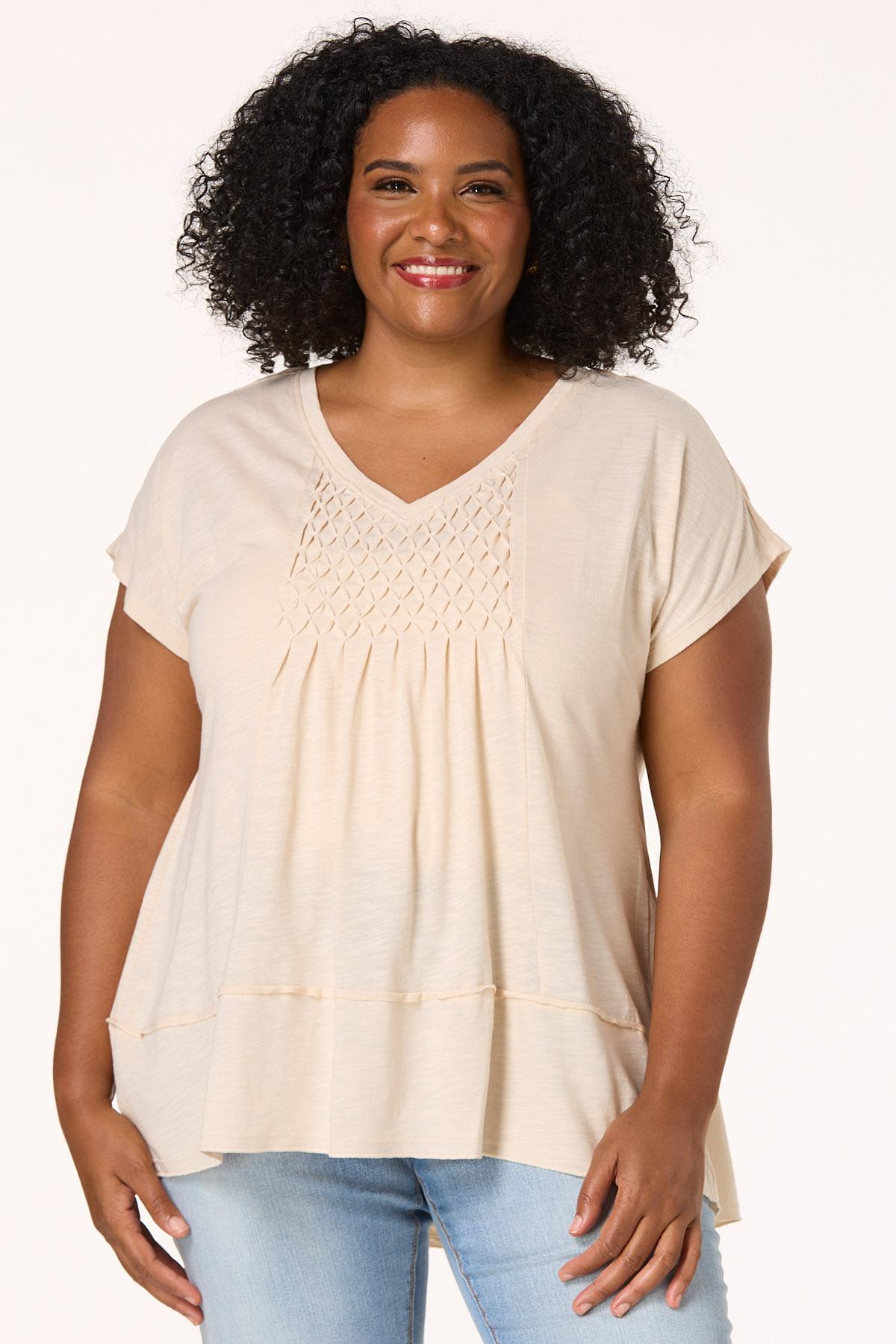売れ筋商品|||エヌワイディージェイ カットソー トップス レディース Plus Size Pintuck V-neck Top Los Rosales Cato Fashions | Cato Plus Size Pintuck Inset V-Neck Top