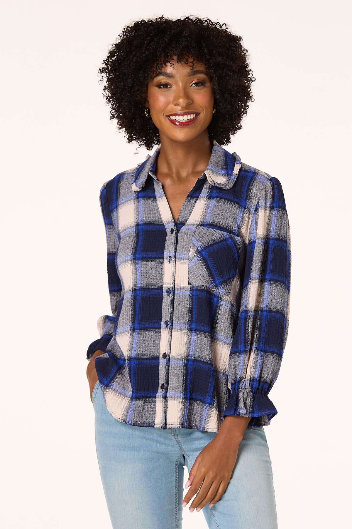 Cato Fashions Cato Plaid Ruffled Collar Shirt