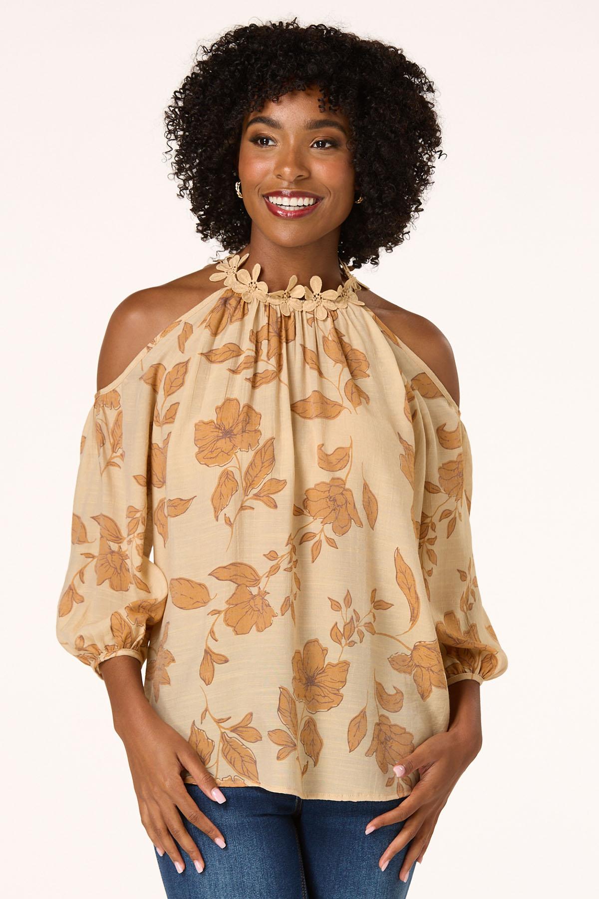 Cato Fashions | Cato Beige Floral Lace Trim Top