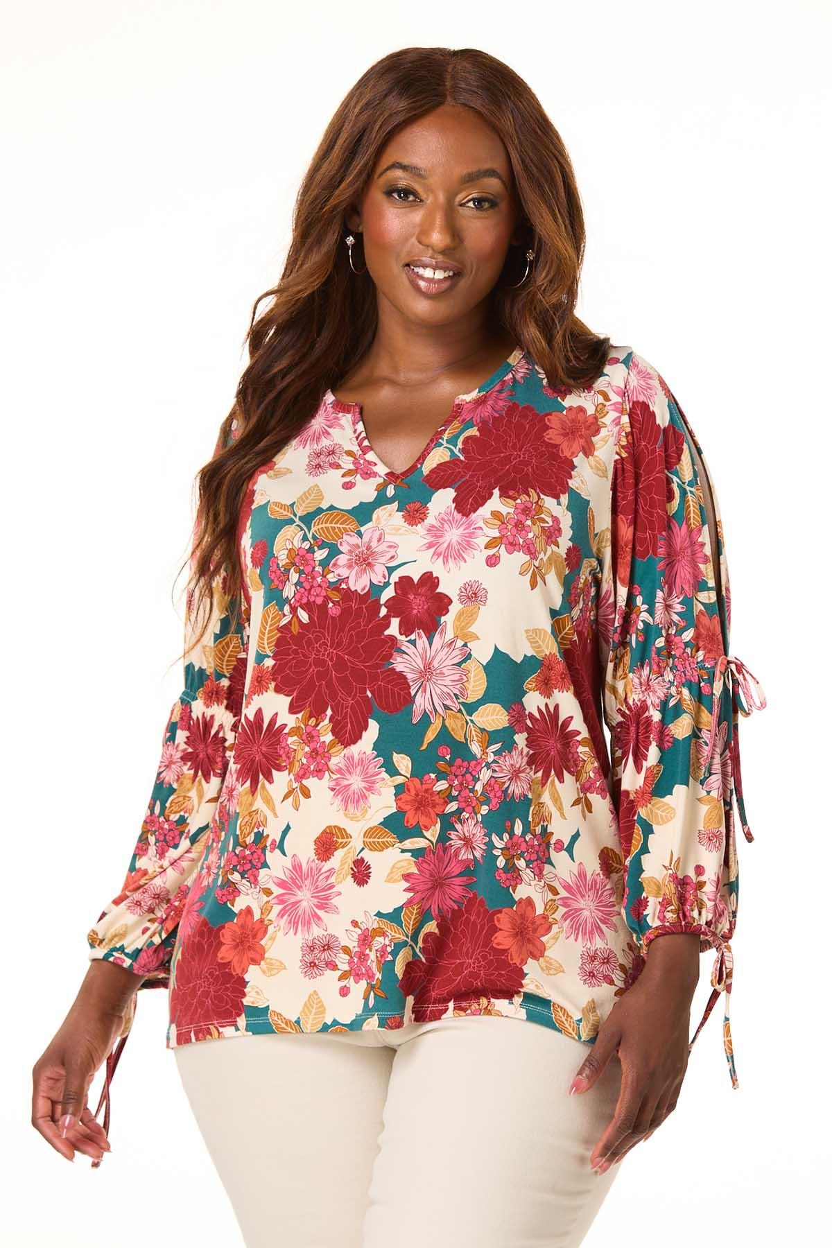 Cato Fashions | Cato Plus Size Floral Cutout Tie Sleeve Top