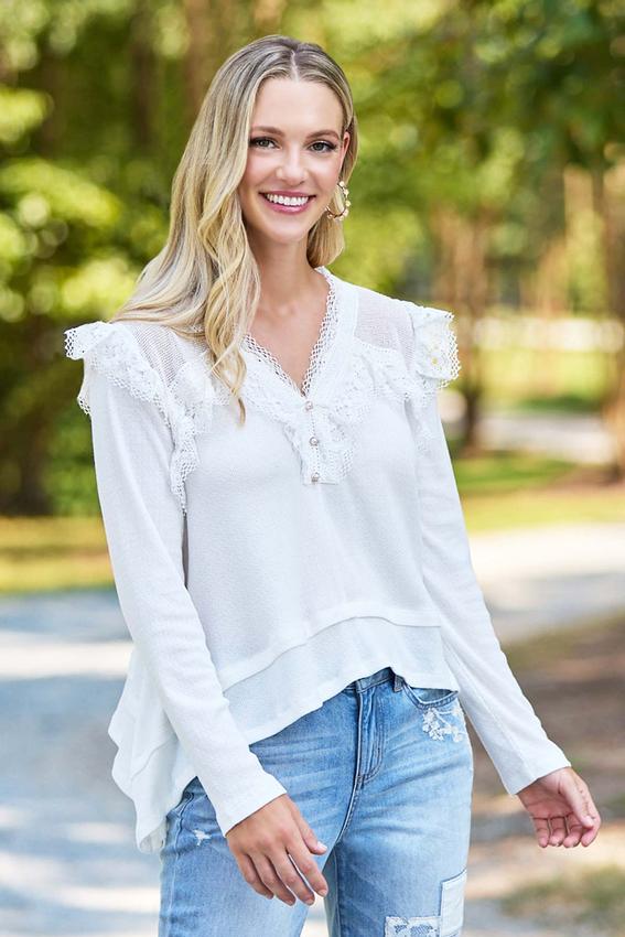 Cato Fashions | Cato Ivory Ruffled Lace Neck Top