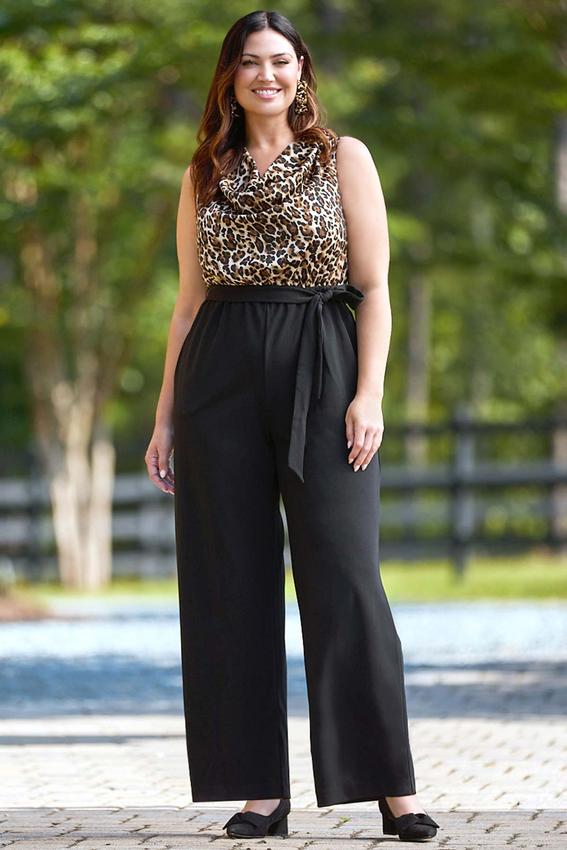 Cato Fashions Cato Plus Size Leopard Draped Neck Jumpsuit