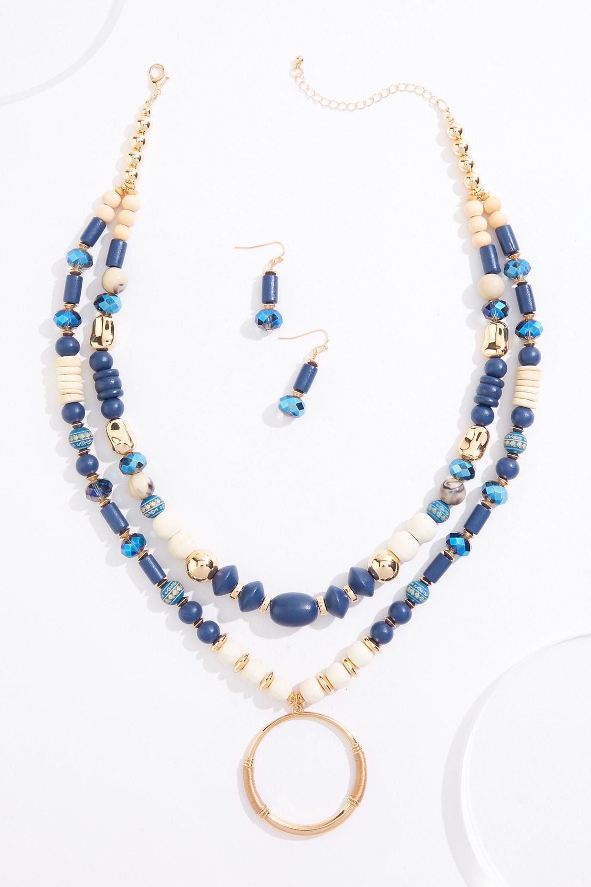 Cato Fashions | Cato Blue Wood Ring Pendant Necklace Set
