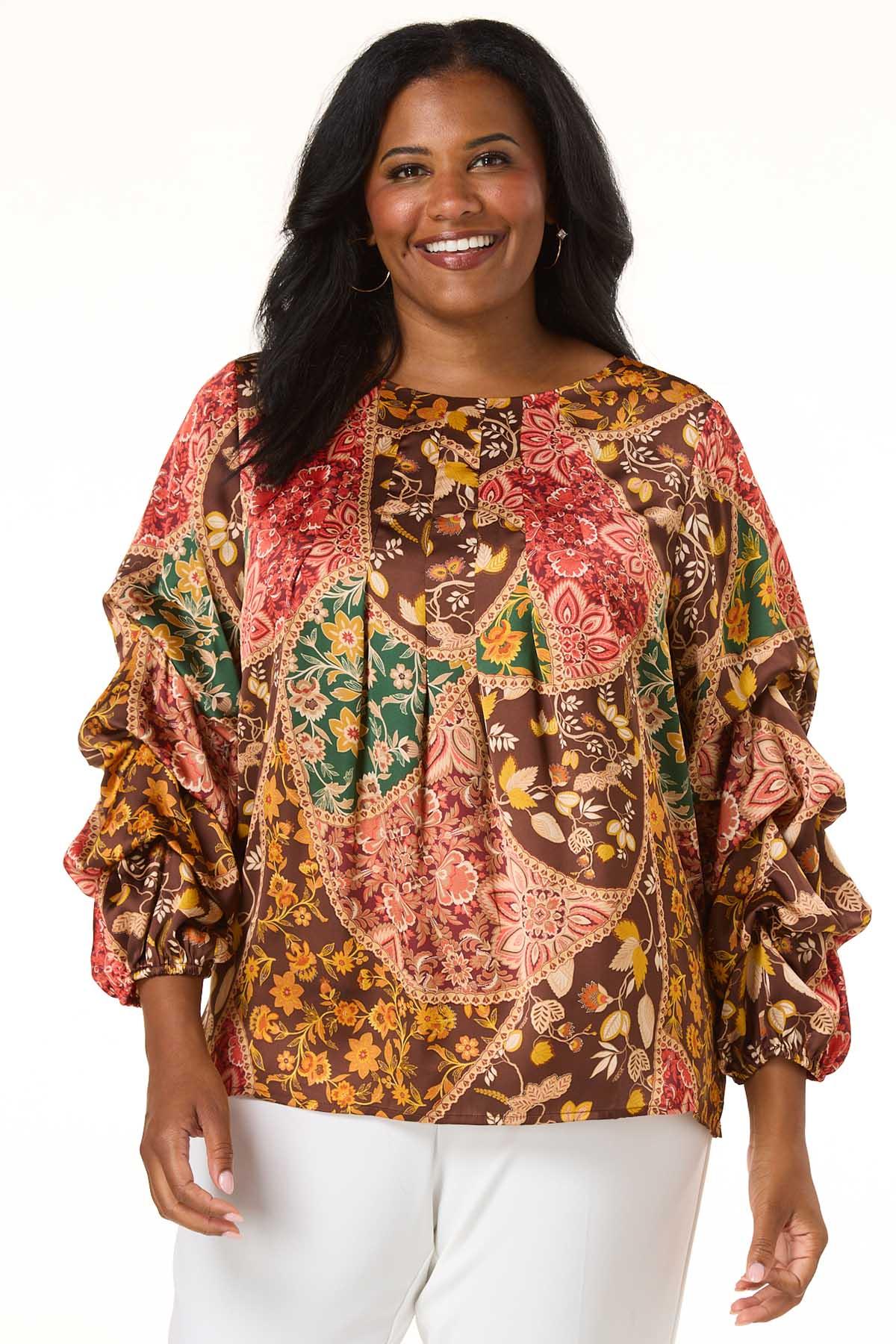 Cato Fashions | Cato Plus Size Pleated Autumn Floral Top, image size:1200x1800