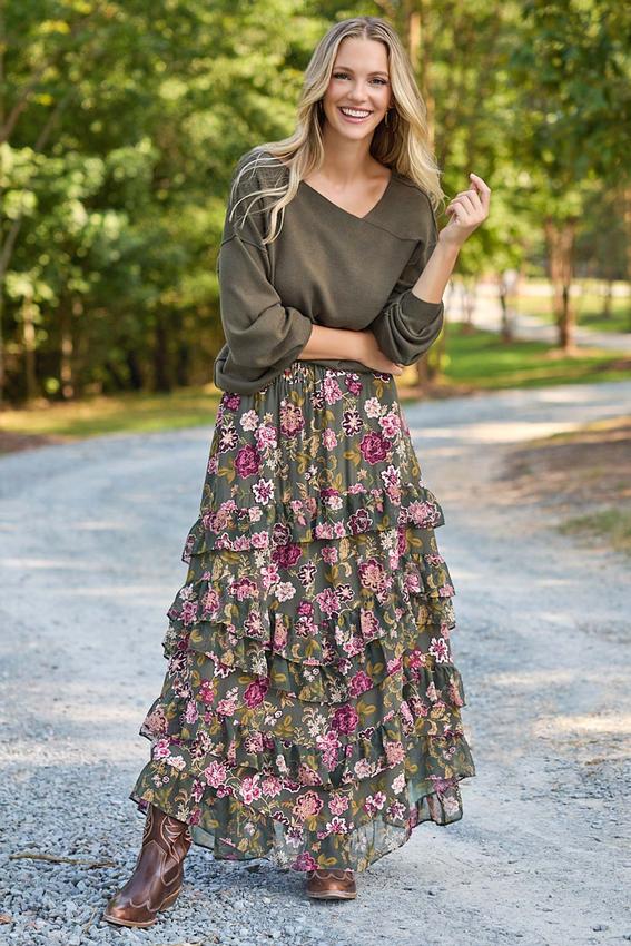  Cato Fashions | Cato Floral Tiered Ruffle Maxi Skirt