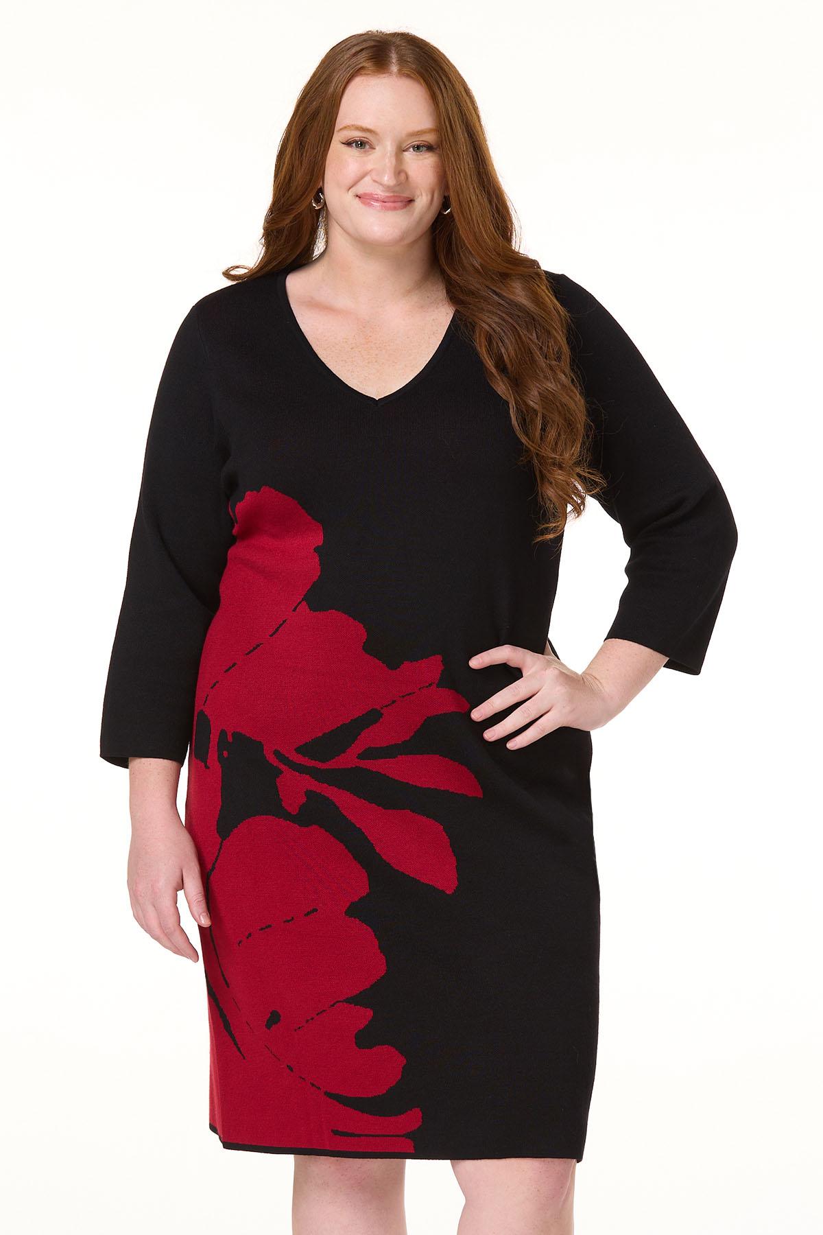 Plus Size Placed Floral Sweater Dress - Red Cato Fashions | Cato Plus Size Placed Floral Sweater Dress