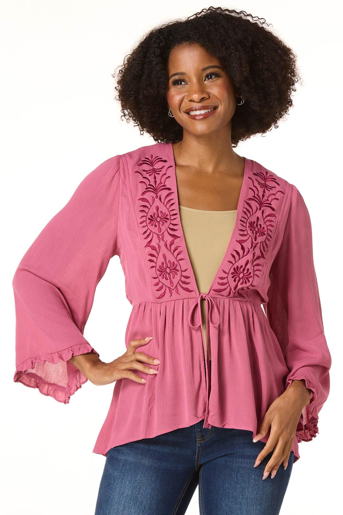 Cato Fashions | Cato Embroidered Rose Wine Kimono
