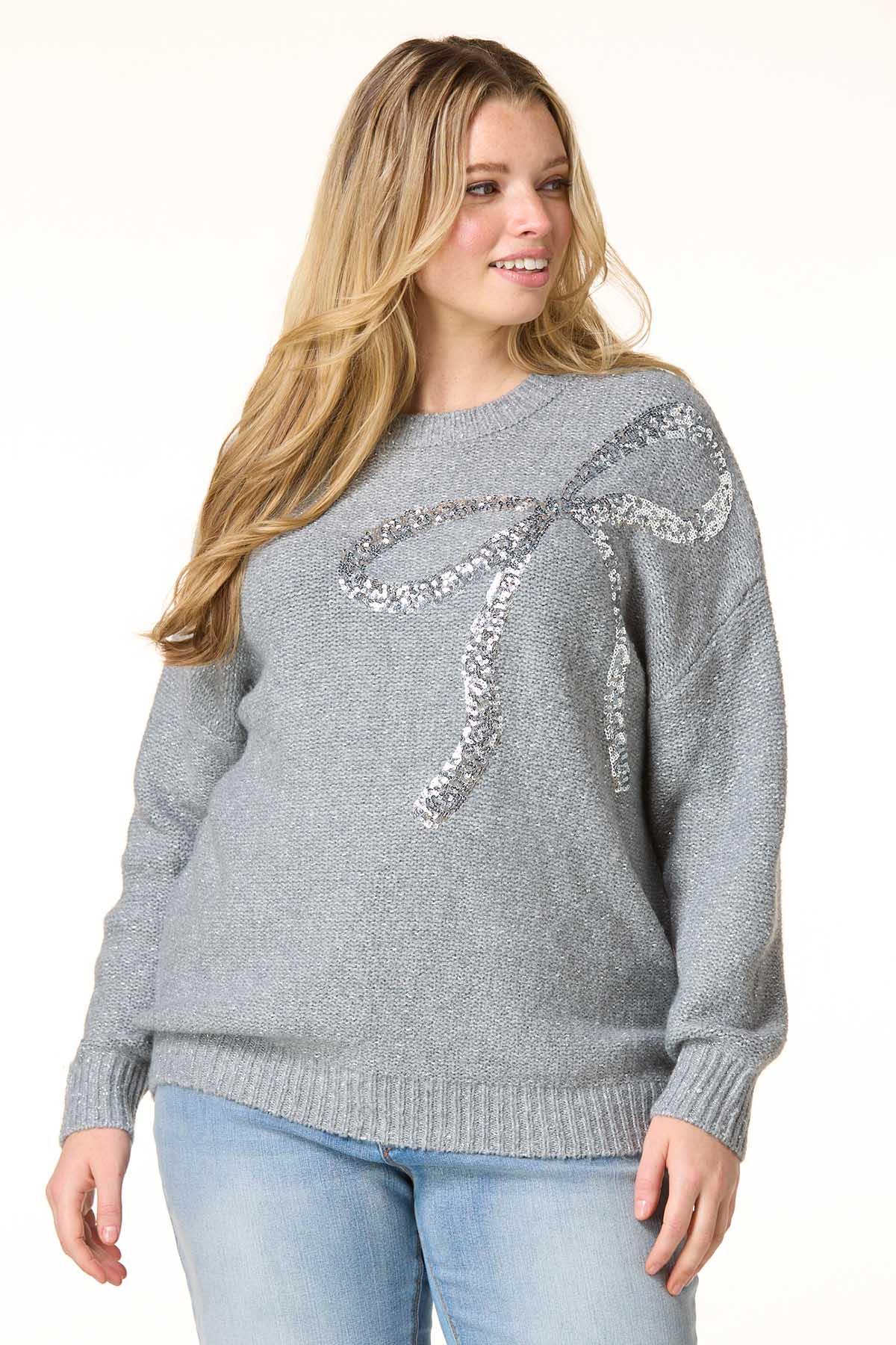 Cato Fashions | Cato Plus Size Silver Sequin Bow Sweater