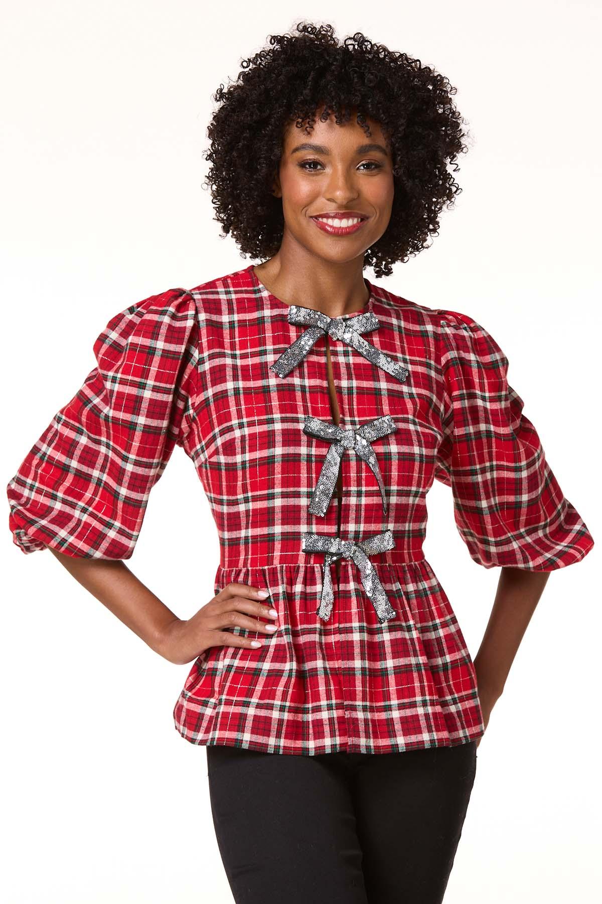 Cato Fashions | Cato Plaid Sequin Bow Peplum Top