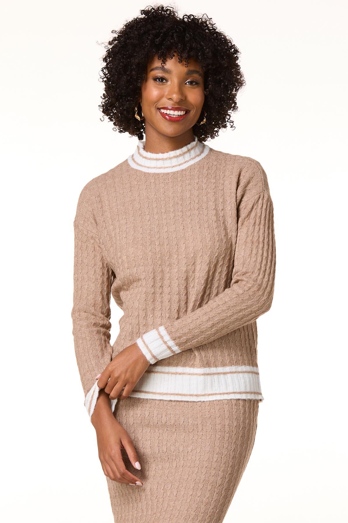 Cato Fashions | Cato Stripe Trim Mock Neck Sweater