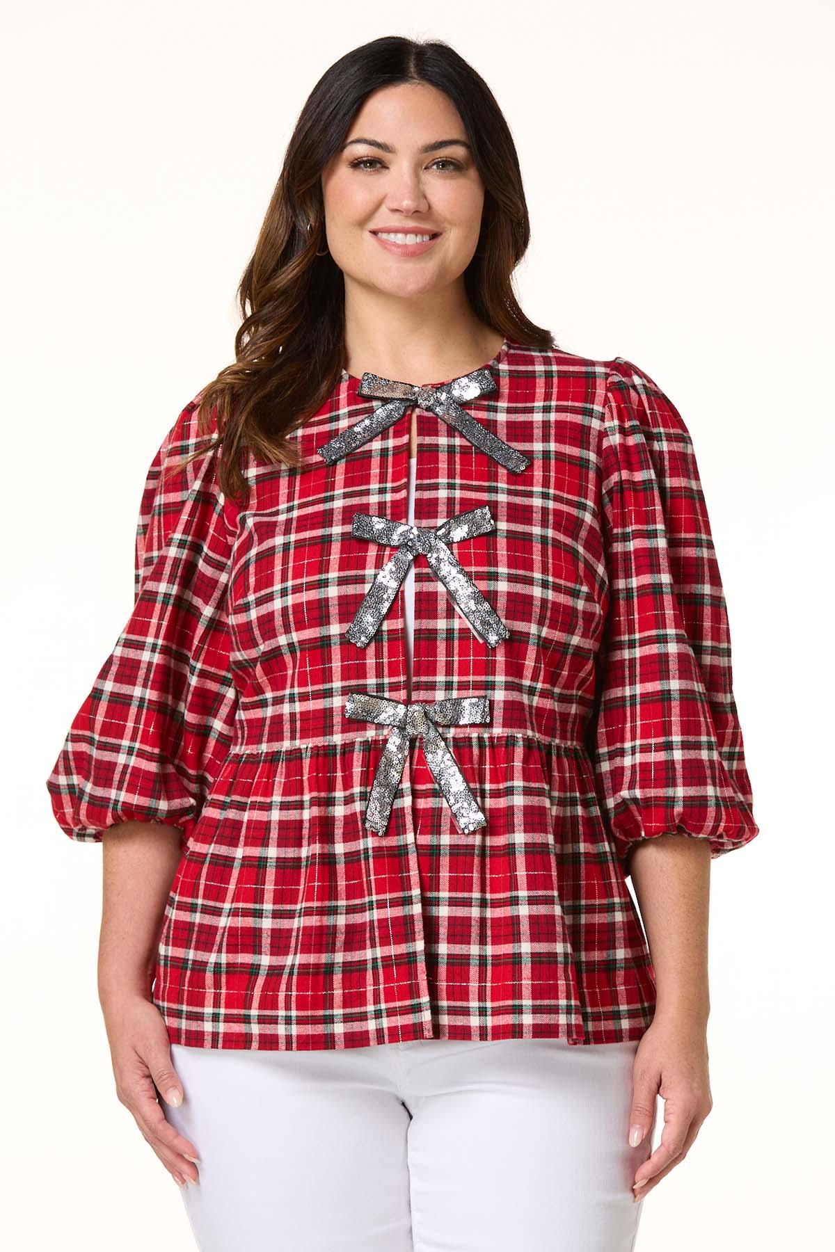 Cato Fashions | Cato Plus Size Plaid Sequin Bow Peplum Top