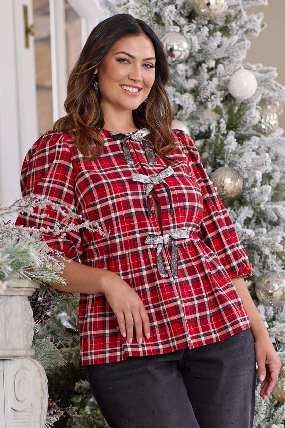 Cato Fashions | Cato Plus Size Plaid Sequin Bow Peplum Top