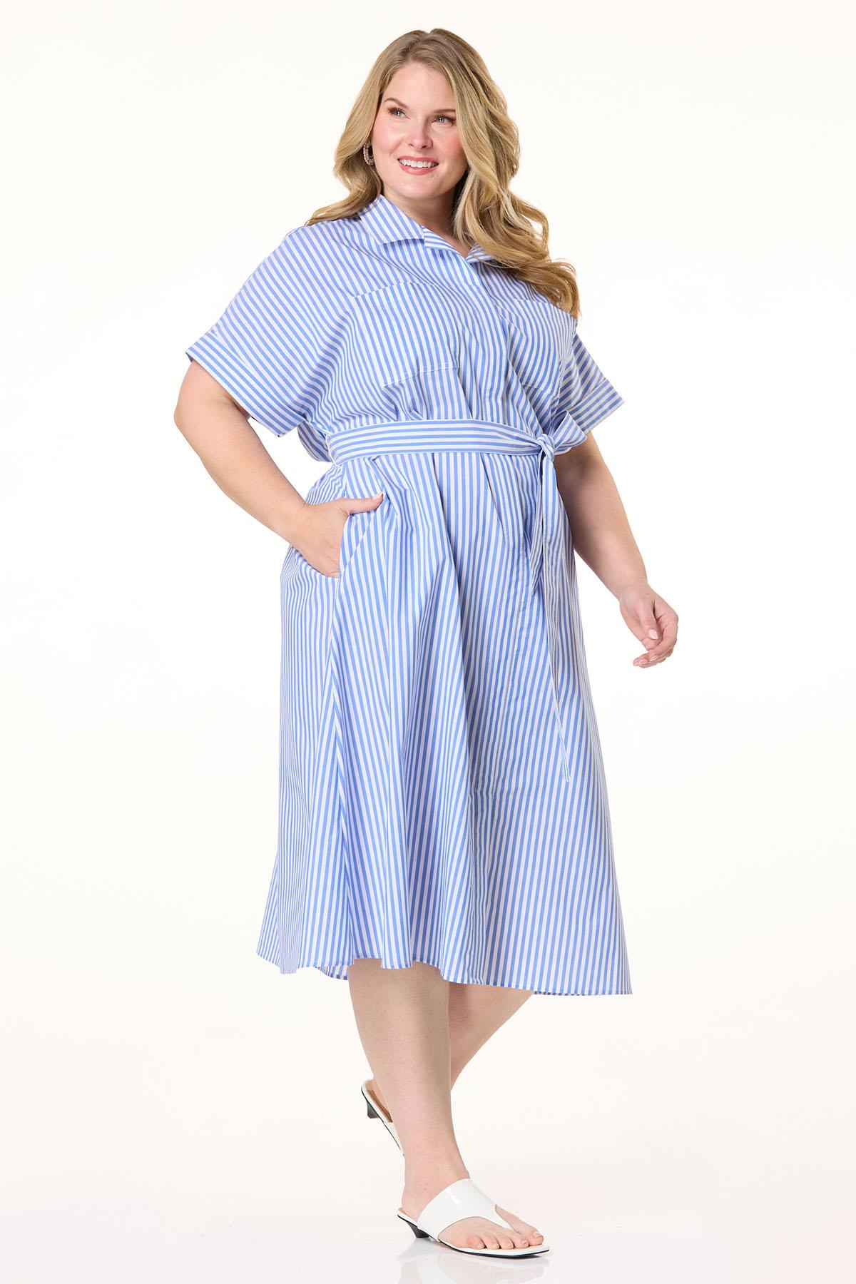 Plus Size Classic Stripe Shirt Dress - BLUE Plus Size Classic Stripe Shirt Dress - BLUE