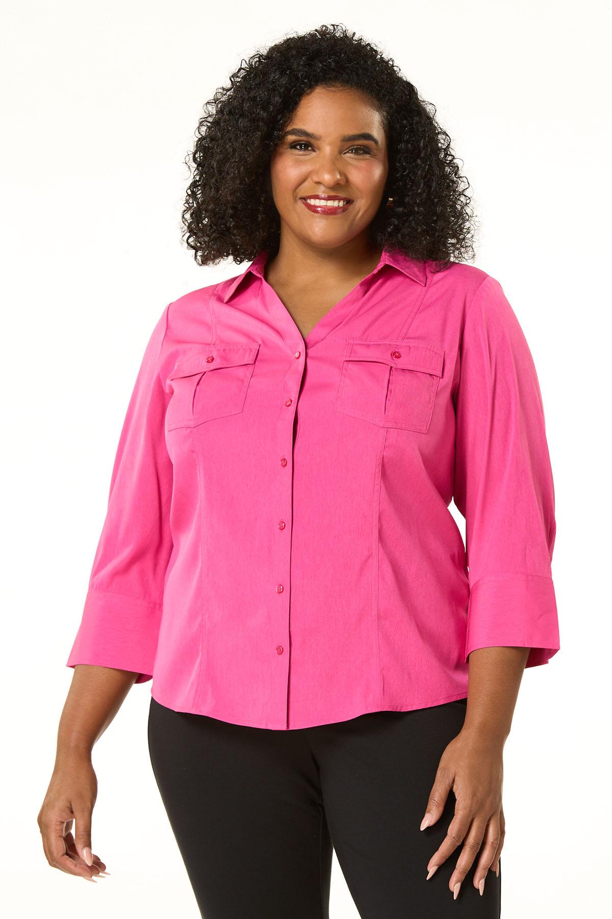 pink dress shirt women's plus size Plus Size Cropped Button-Front Shirt PINK / 2X