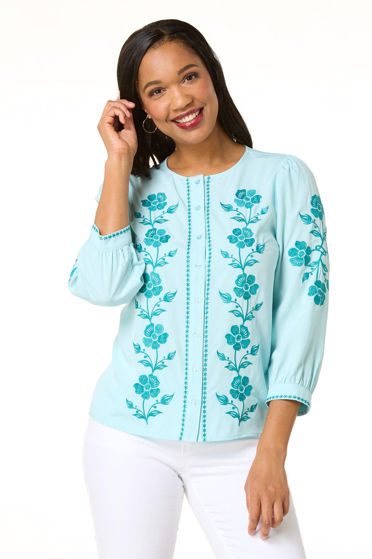 Cato Fashions | Cato Teal Floral Embroidered Shirt