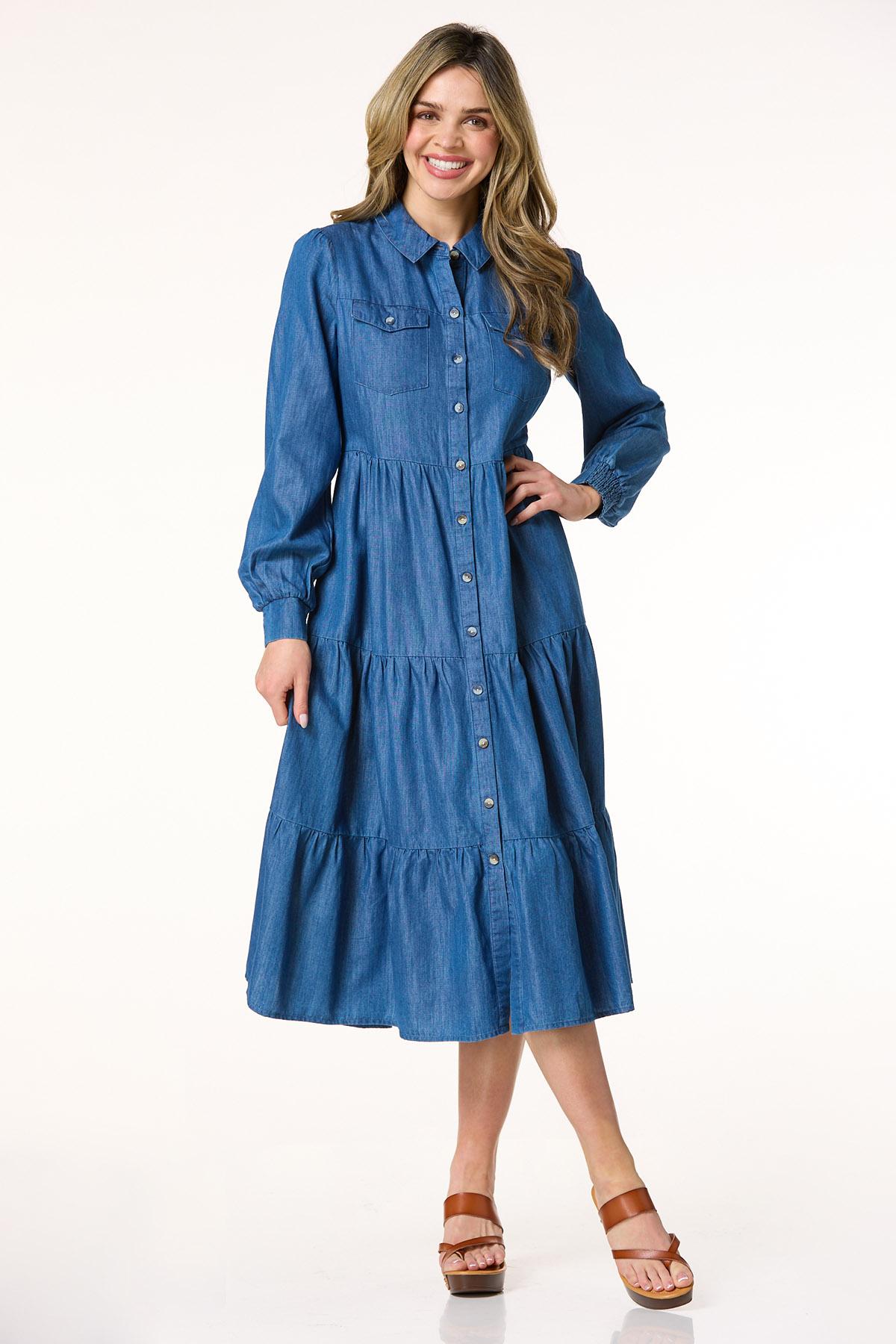 chinese dress ladies Jenn Denim Ruffle Trim Tiered Dress Small main image 0