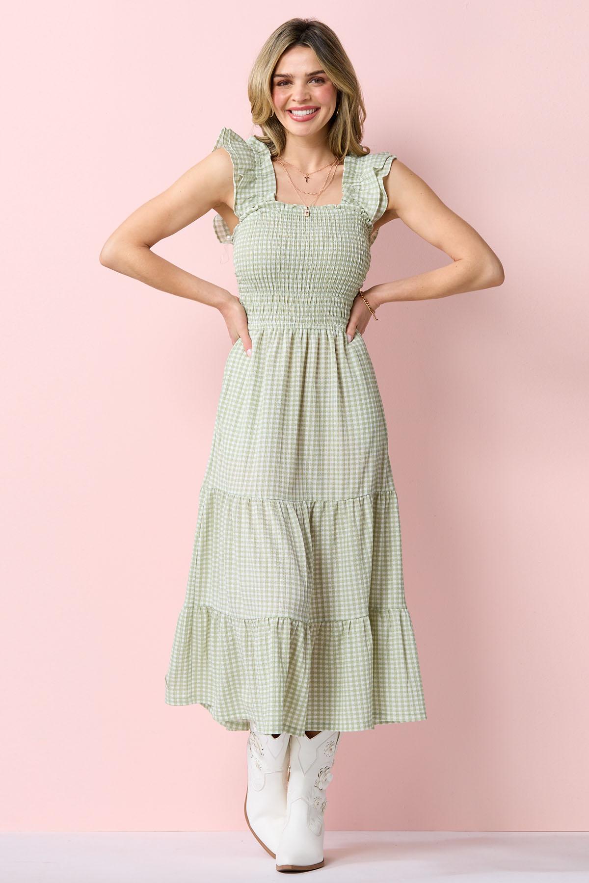 slim fit dress slacks Girls: In Your Happy Place Emerald Green Gingham Dress – Shop the Mint main image 0
