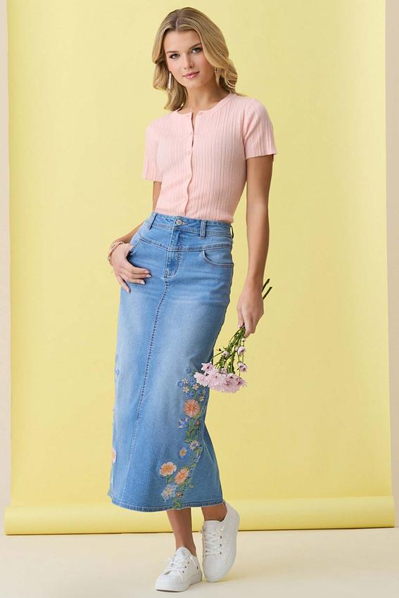 Cato Fashions | Cato Floral Embroidered Denim Skirt