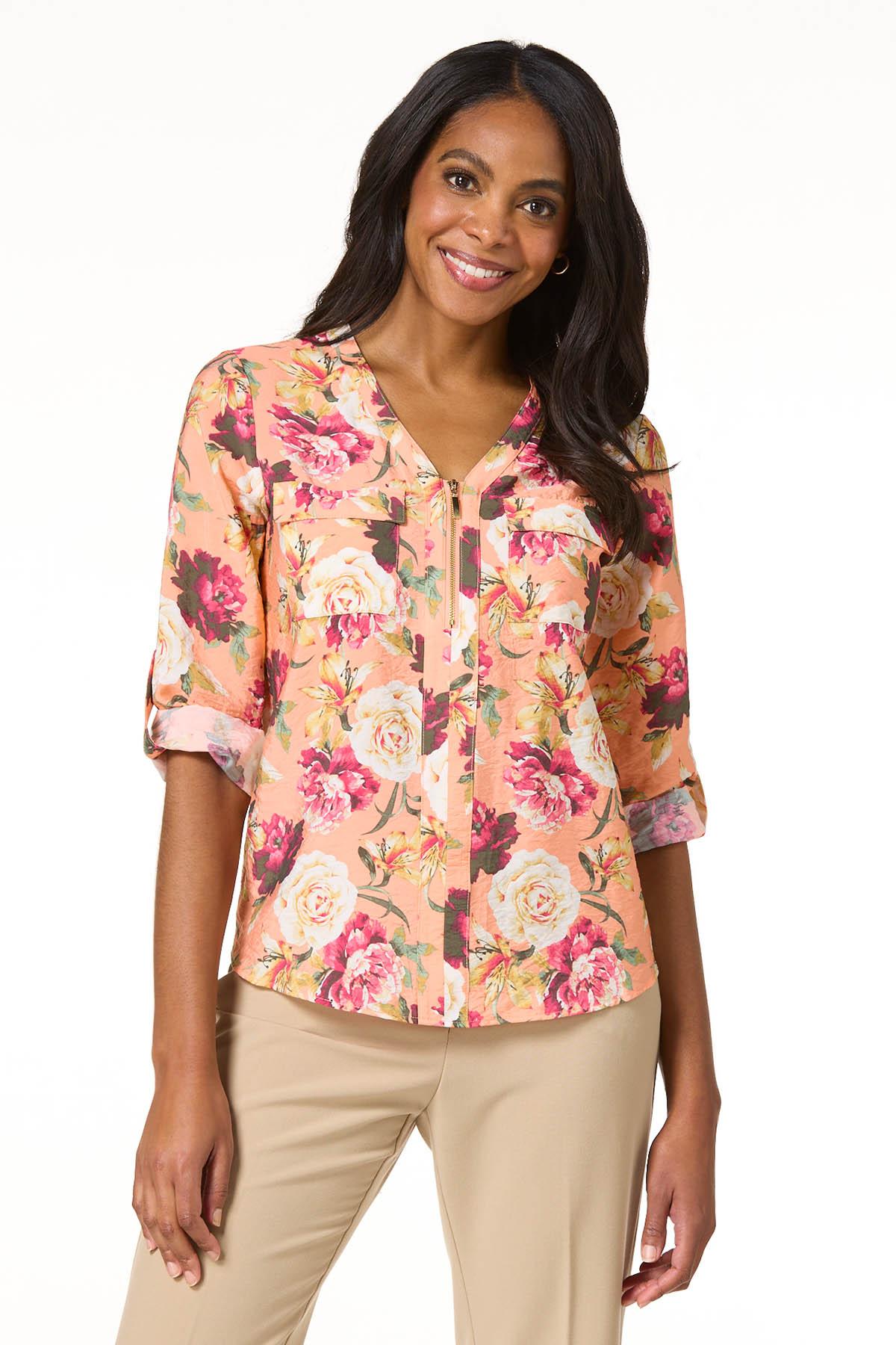 Cato Fashions | Cato Papaya Floral Zip Front Top