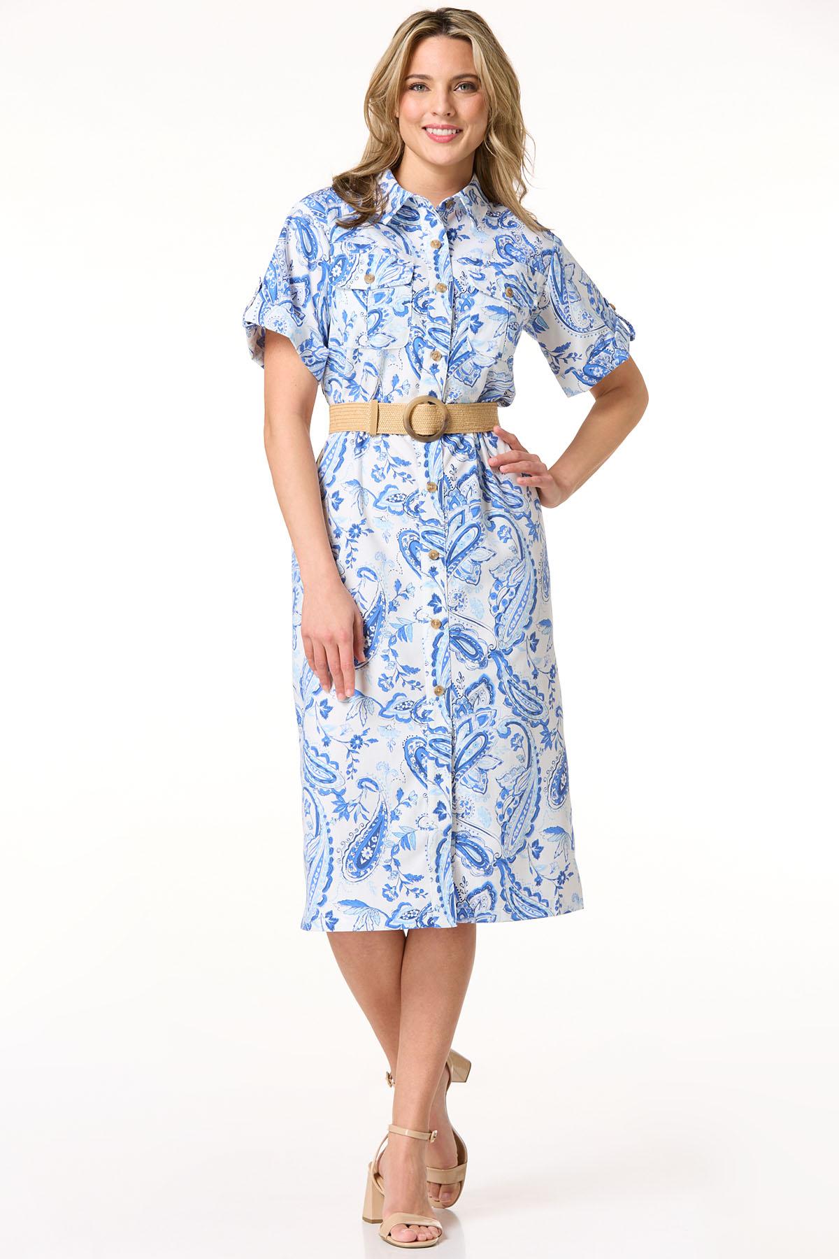 blue and white paisley print dress Blue Floral Midi Summer Dress with Short Puff Sleeves– PromGirl main image 1