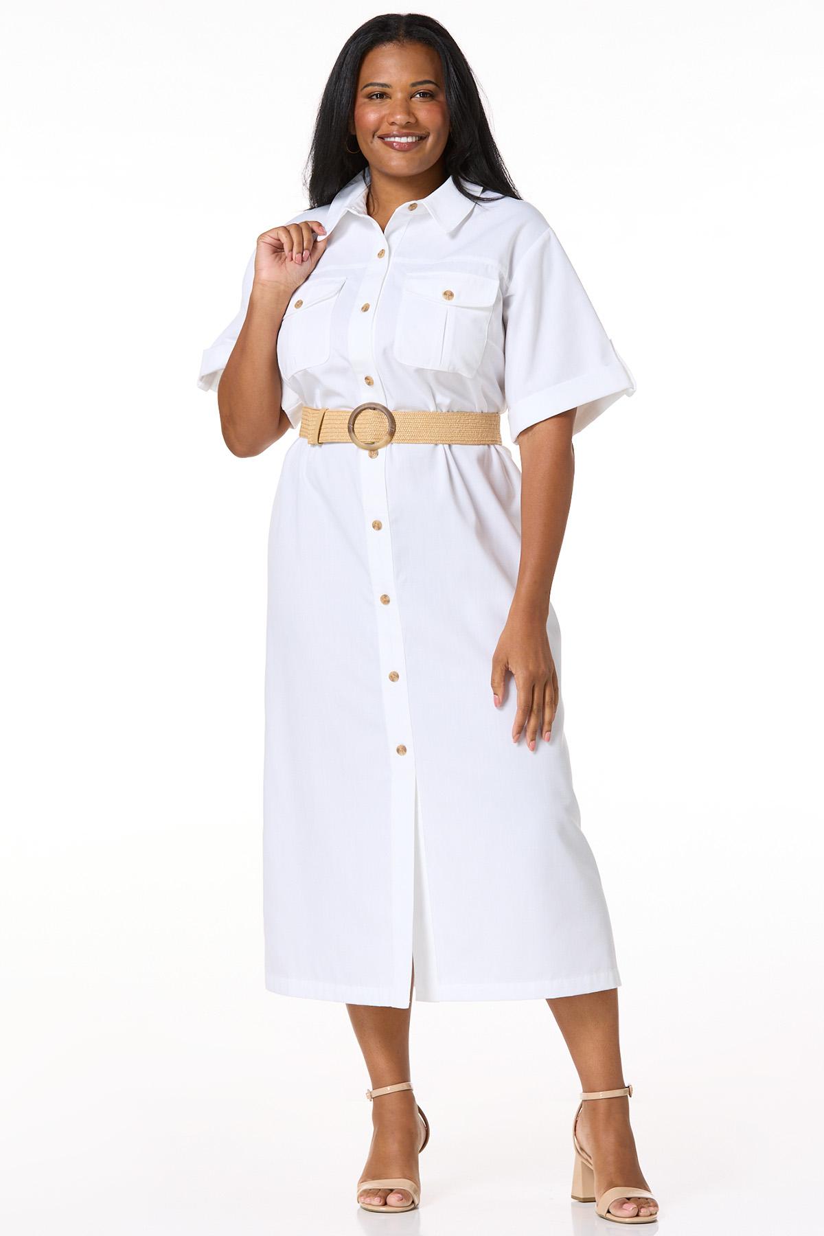 Plus Size Classic Belted Shirt Dress - White