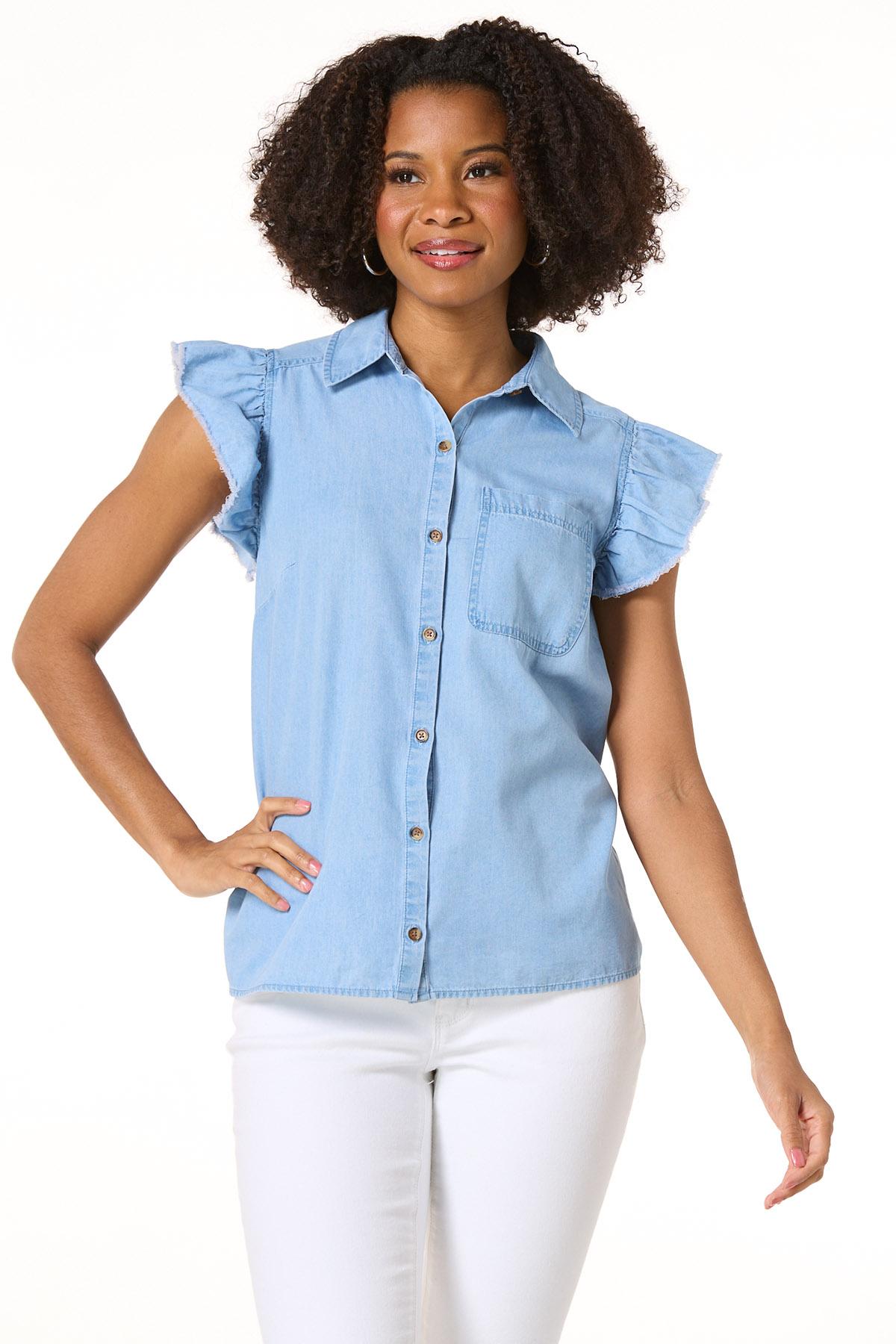 Cato Fashions | Cato Light Chambray Flutter Sleeve Shirt