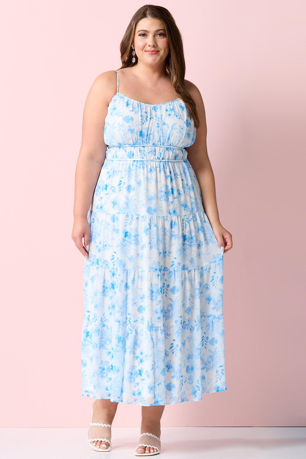 Plus Size Sky Blue Floral Maxi Dress