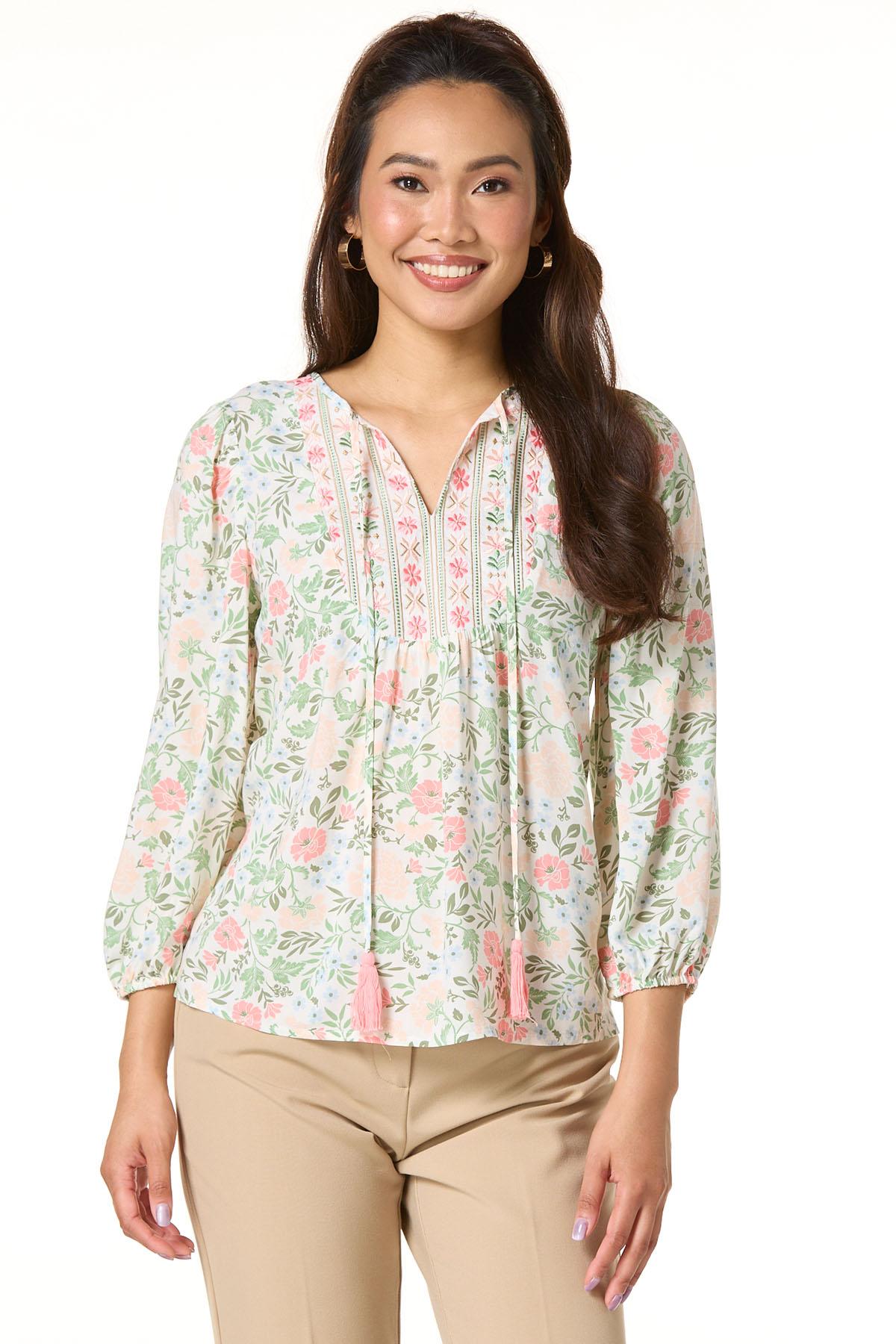 Cato Fashions | Cato Tasseled Embroidered Floral Poet Top