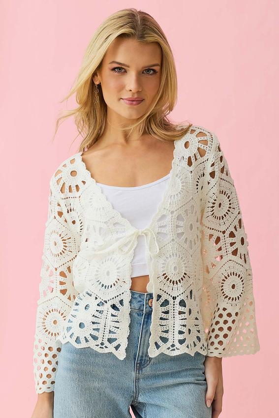 Cato Fashions | Cato Tie Front Crochet Kimono