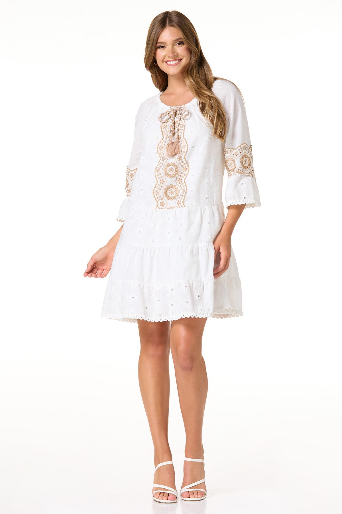 Embroidered TasseledTie Dress - White