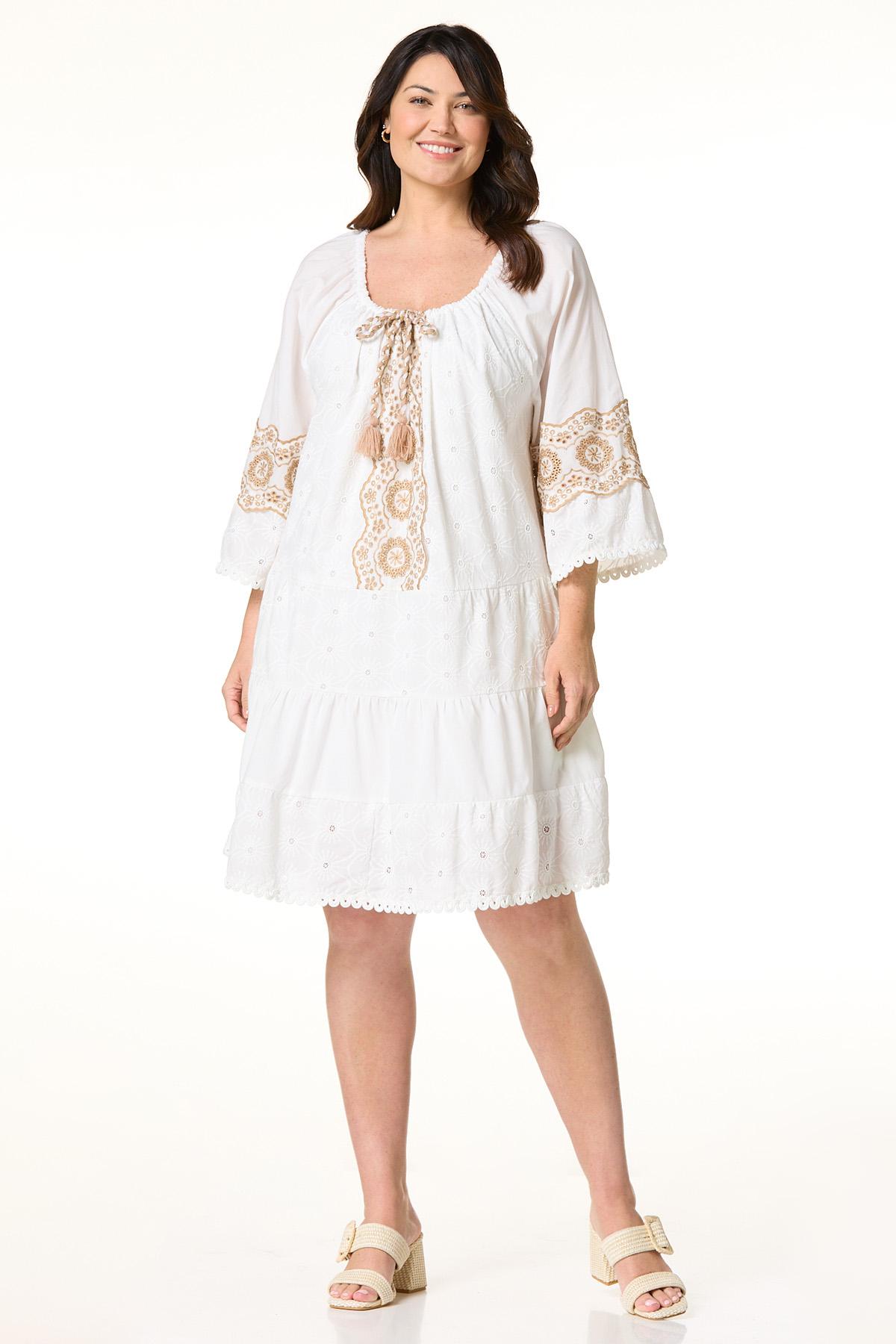 Plus Size Embroidered TasseledTie Dress - White