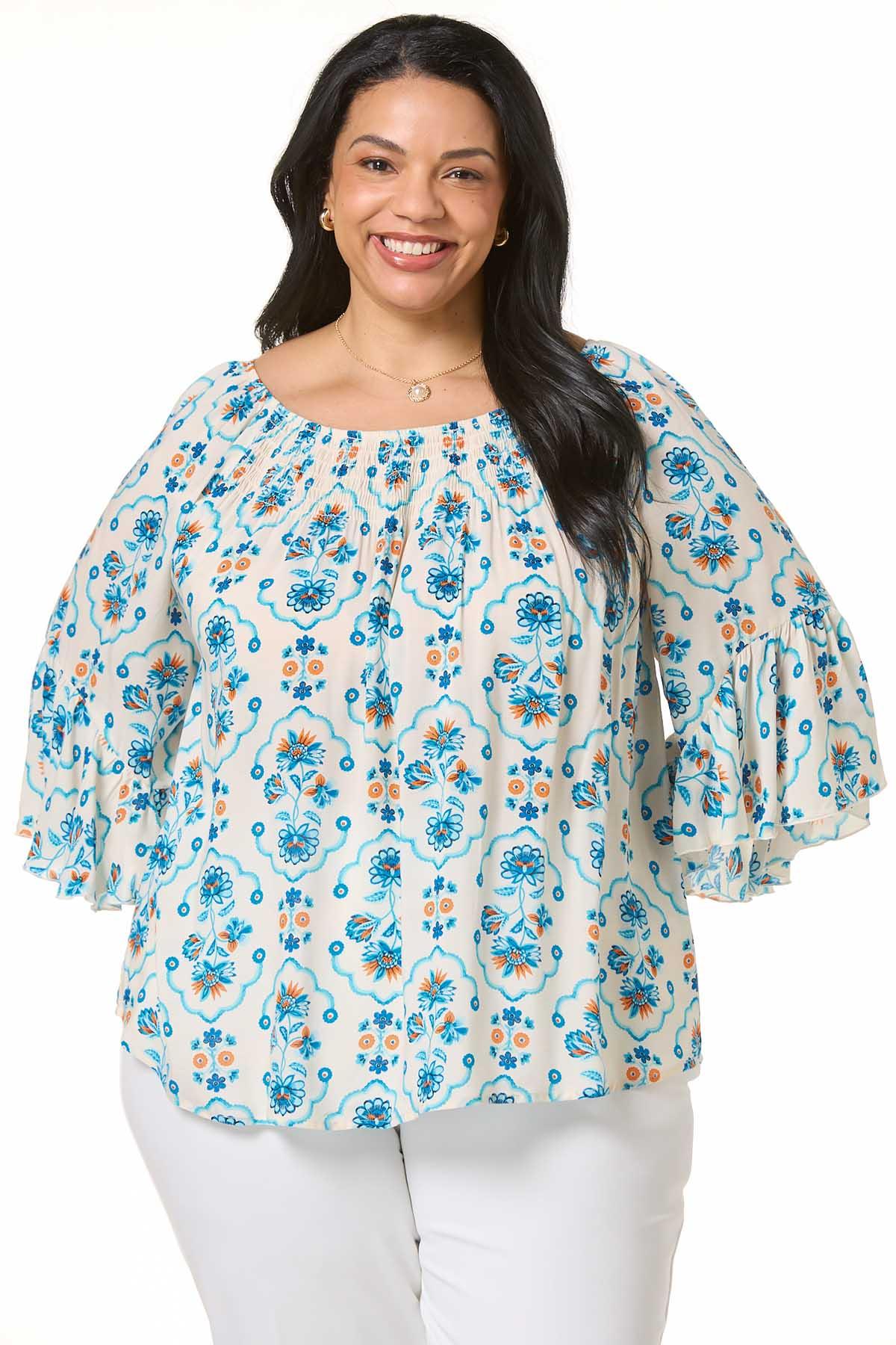 Cato Fashions | Cato Plus Size Smocked Blue Floral Poet Top